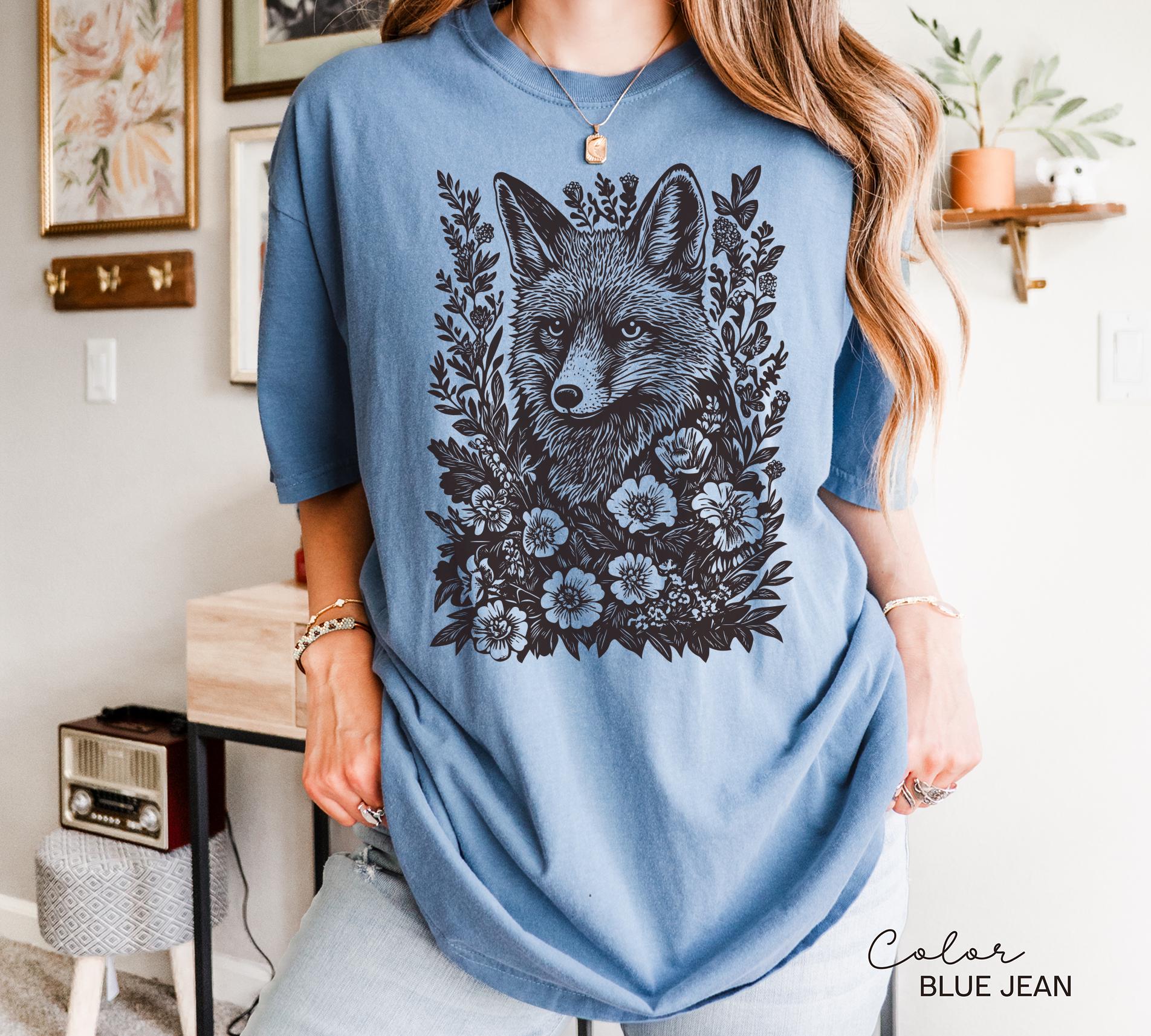 Cottagecore Fox Shirt, Retro Linocut Floral Sweatshirt