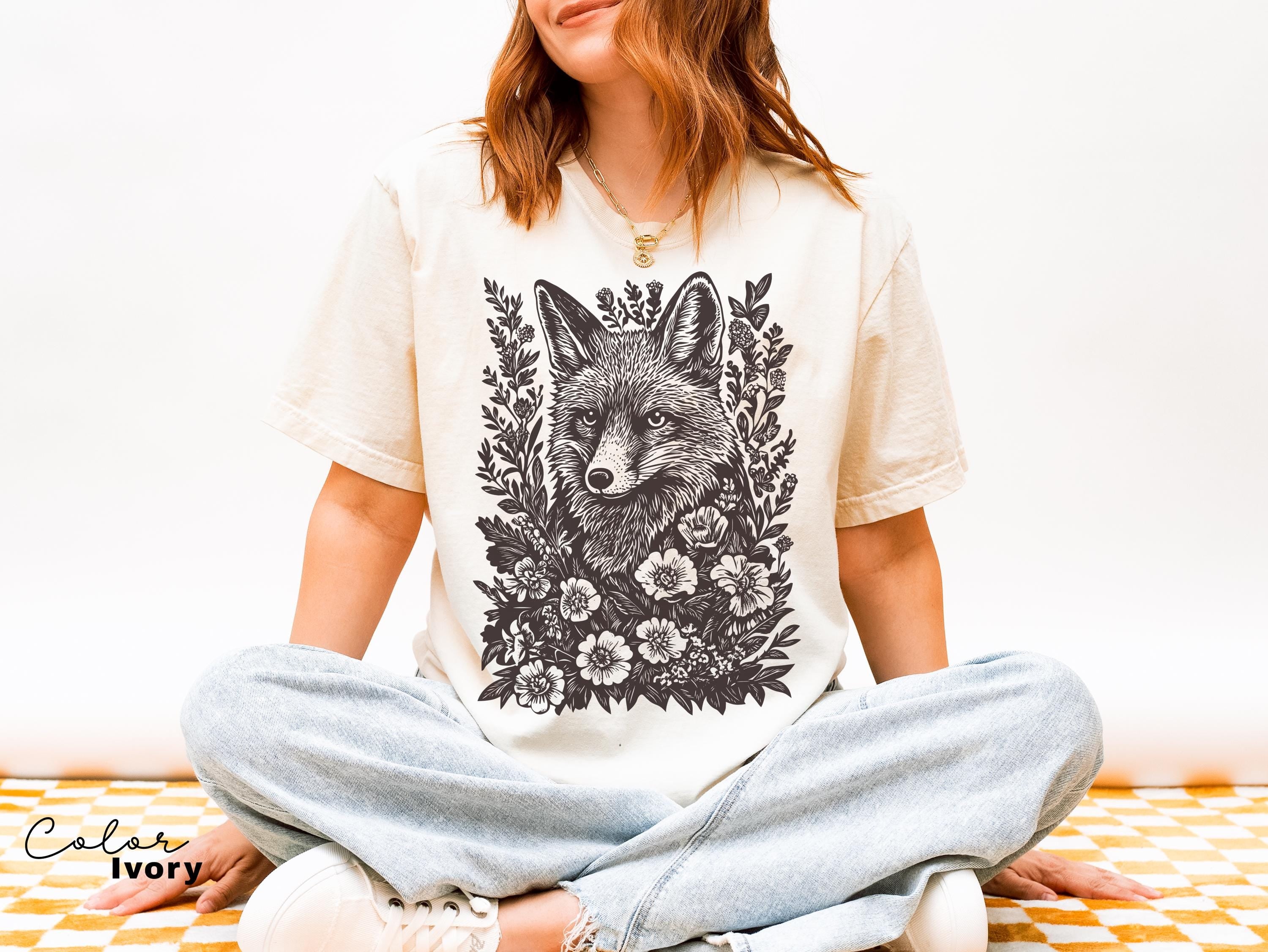 Cottagecore Fox Shirt, Retro Linocut Floral Sweatshirt, Folk Art Forest Animal Sweatshirt, Woodland Aesthetic Top, Comfort Colors Tee, Boho