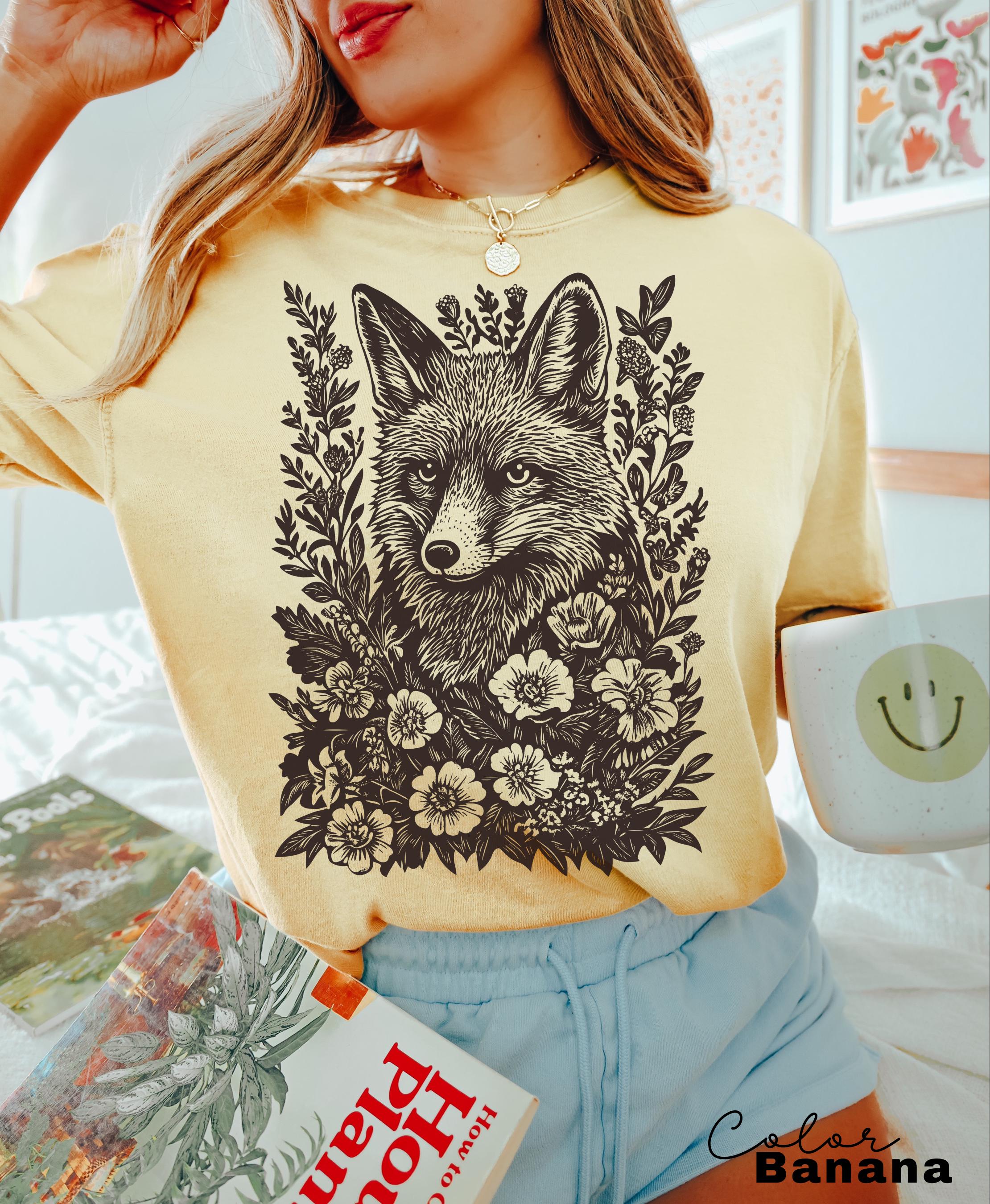 Cottagecore Fox Shirt, Retro Linocut Floral Sweatshirt, Folk Art Forest Animal Sweatshirt, Woodland Aesthetic Top, Comfort Colors Tee, Boho