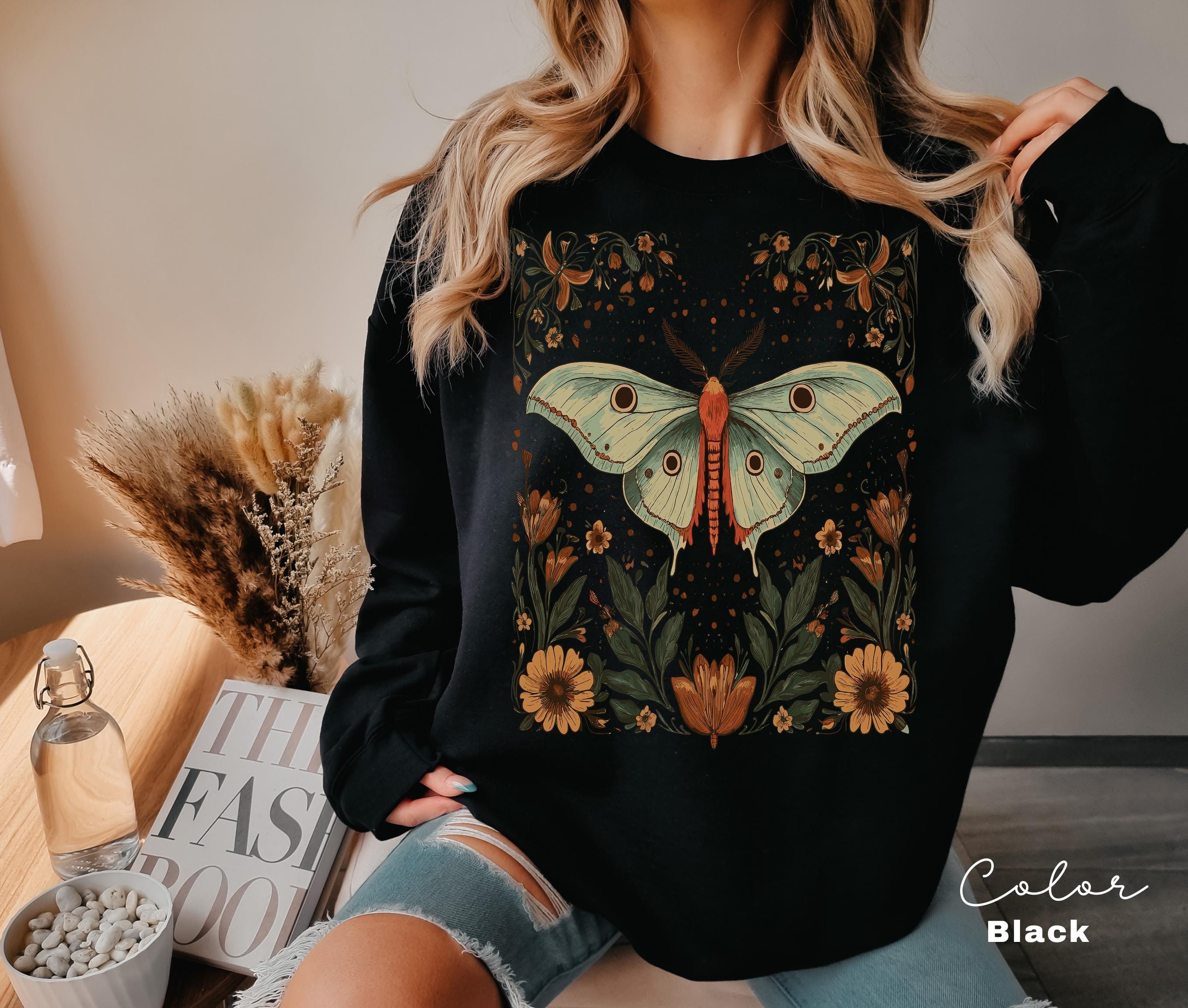 Luna Moth Shirt Sweatshirt, Cottagecore Floral Shirt, Moth Butterfly, Nature Lover Sweatshirt, Forestcore, Floral BoHo