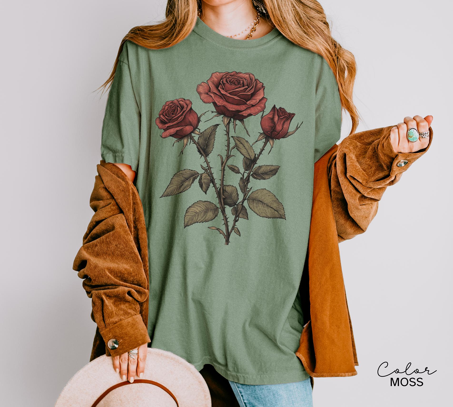 Rose Flower Sweatshirt, Vintage Pressed Rose T-shirt, Cottagecore Boho Botanical Shirt, Dark Academia Flower, Forestcore