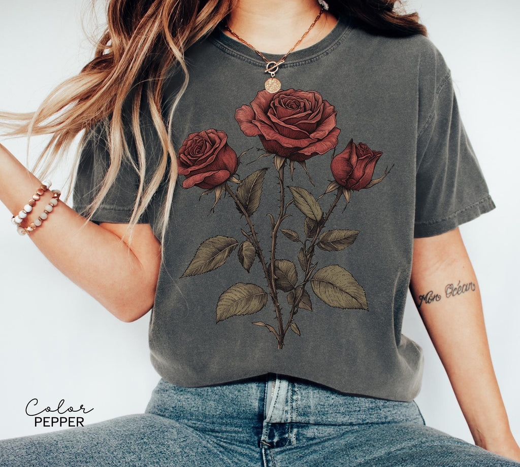 Rose Flower Sweatshirt, Vintage Pressed Rose Botanical Tee