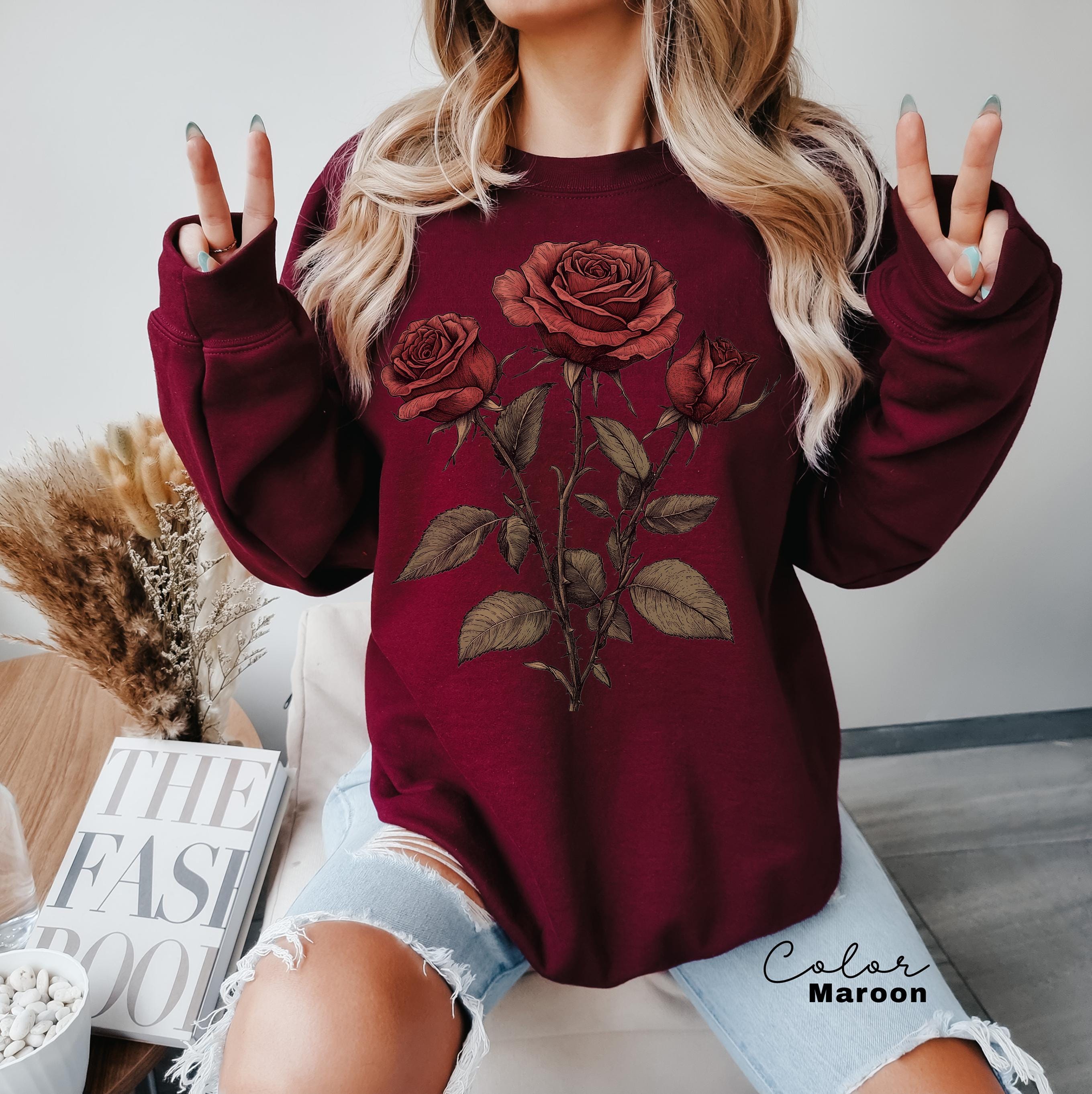 Rose Flower Sweatshirt, Vintage Pressed Rose T-shirt, Cottagecore Boho Botanical Shirt, Dark Academia Flower, Forestcore