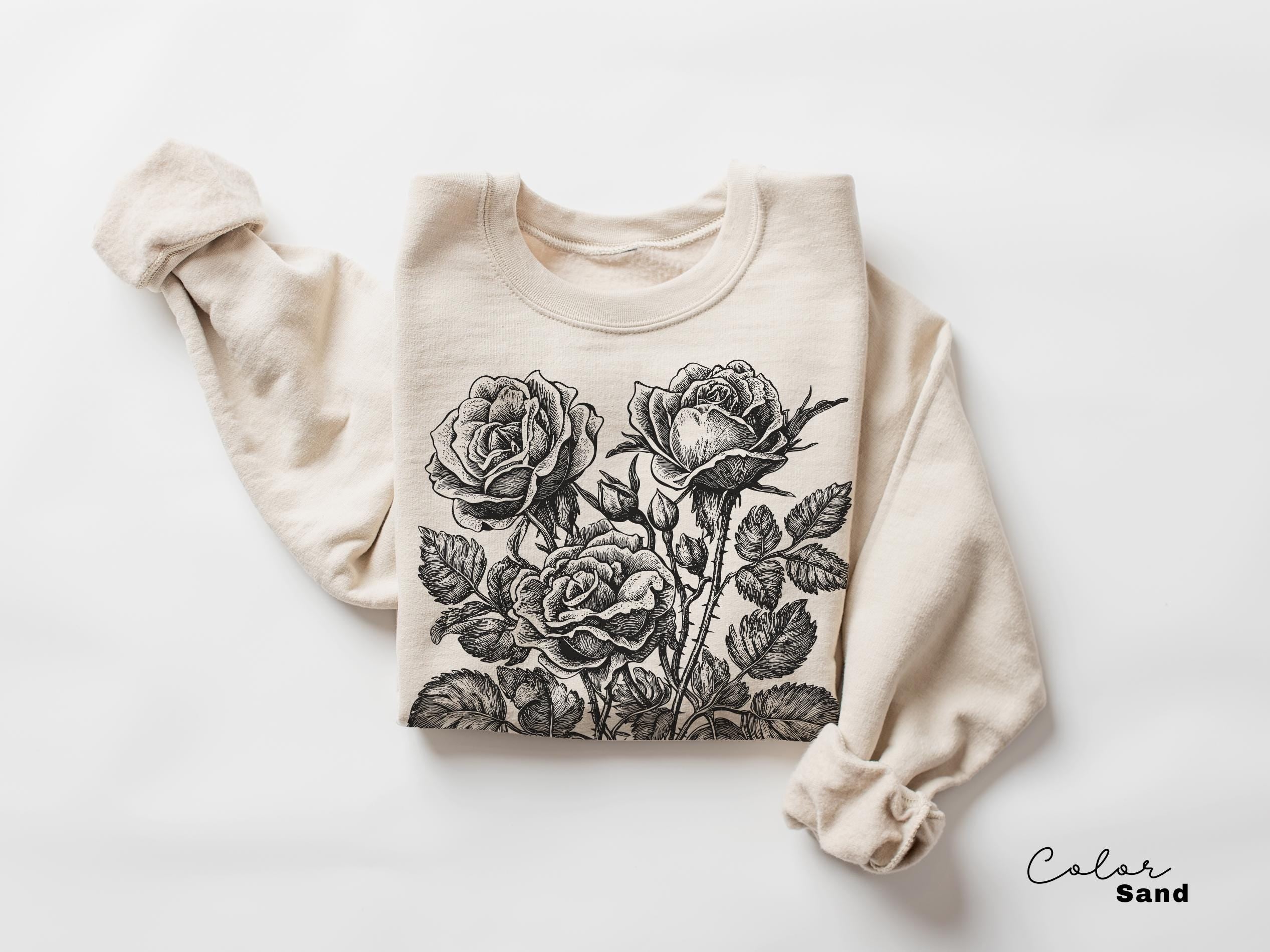Retro Rose Sweatshirt, Linocut Floral T-shirt, Cottagecore Boho Botanical Shirt, Dark Academia Flower