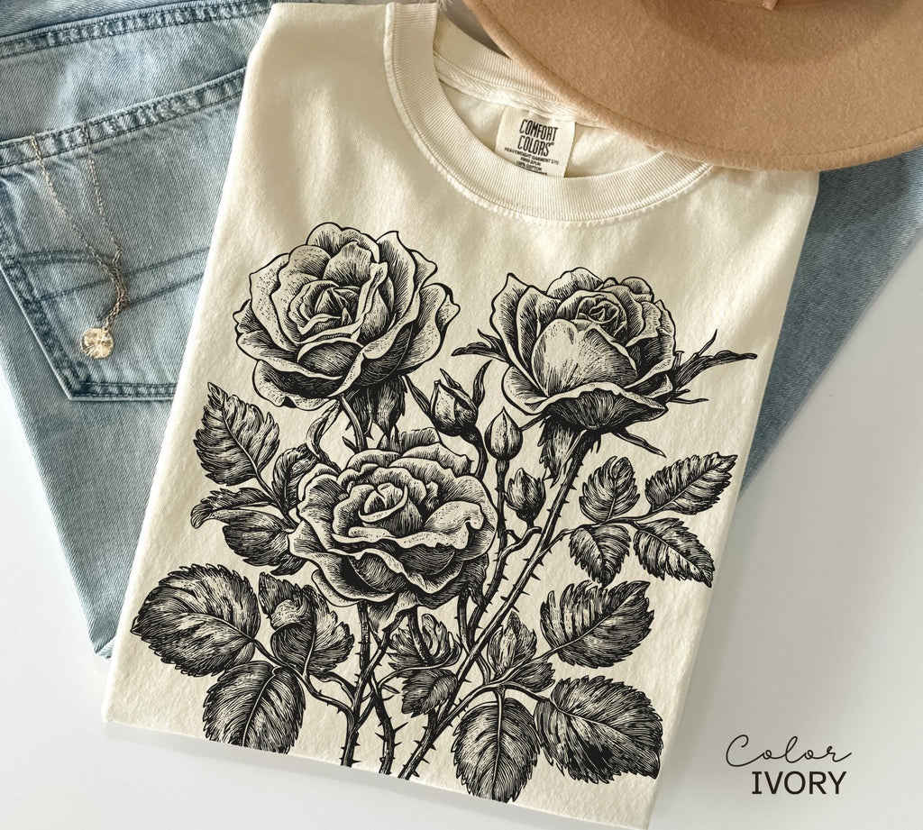 Retro Rose Sweatshirt, Linocut Floral T-shirt, Cottagecore Boho Botanical Shirt, Dark Academia Flower