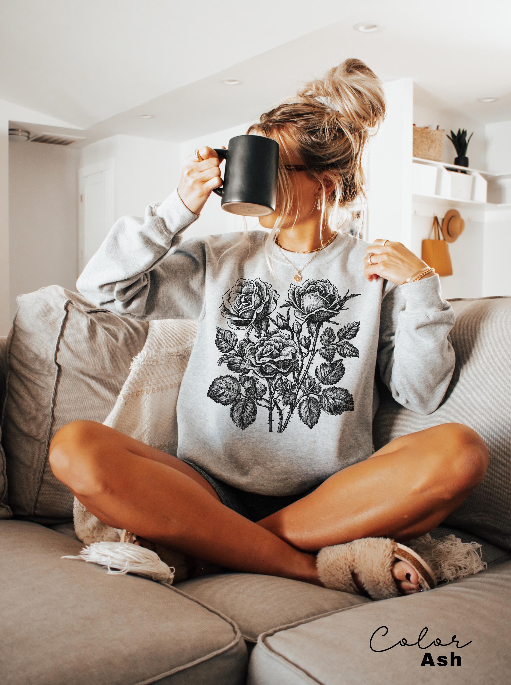 Retro Rose Sweatshirt, Linocut Floral Design, Cottagecore Boho Shirt
