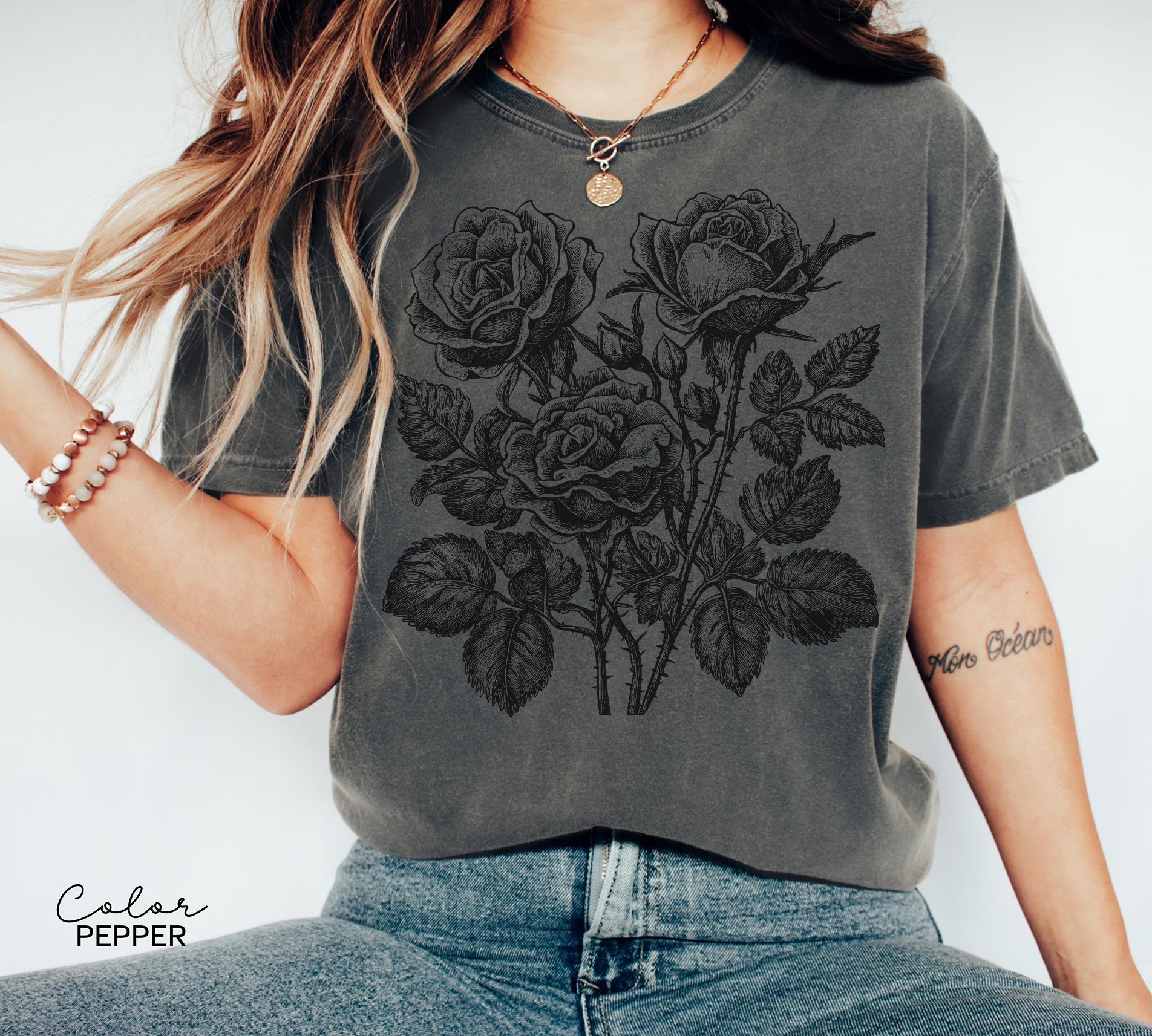 Retro Rose Sweatshirt, Linocut Floral Design, Cottagecore Boho Shirt