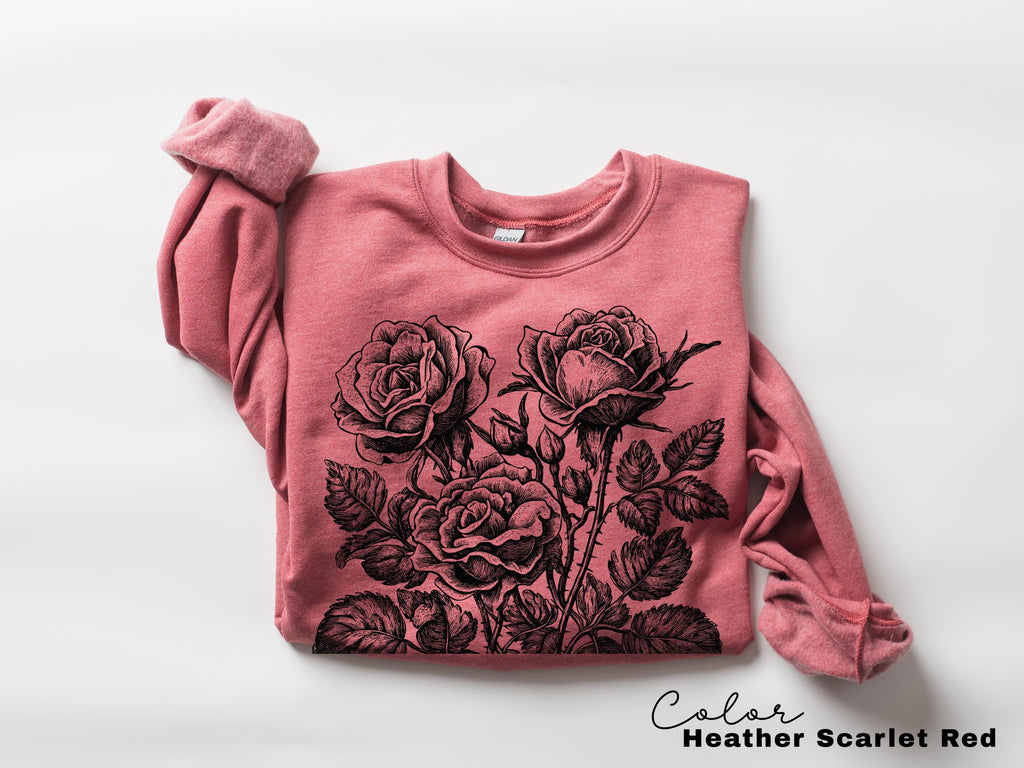 Retro Rose Sweatshirt, Linocut Floral T-shirt, Cottagecore Boho Botanical Shirt, Dark Academia Flower