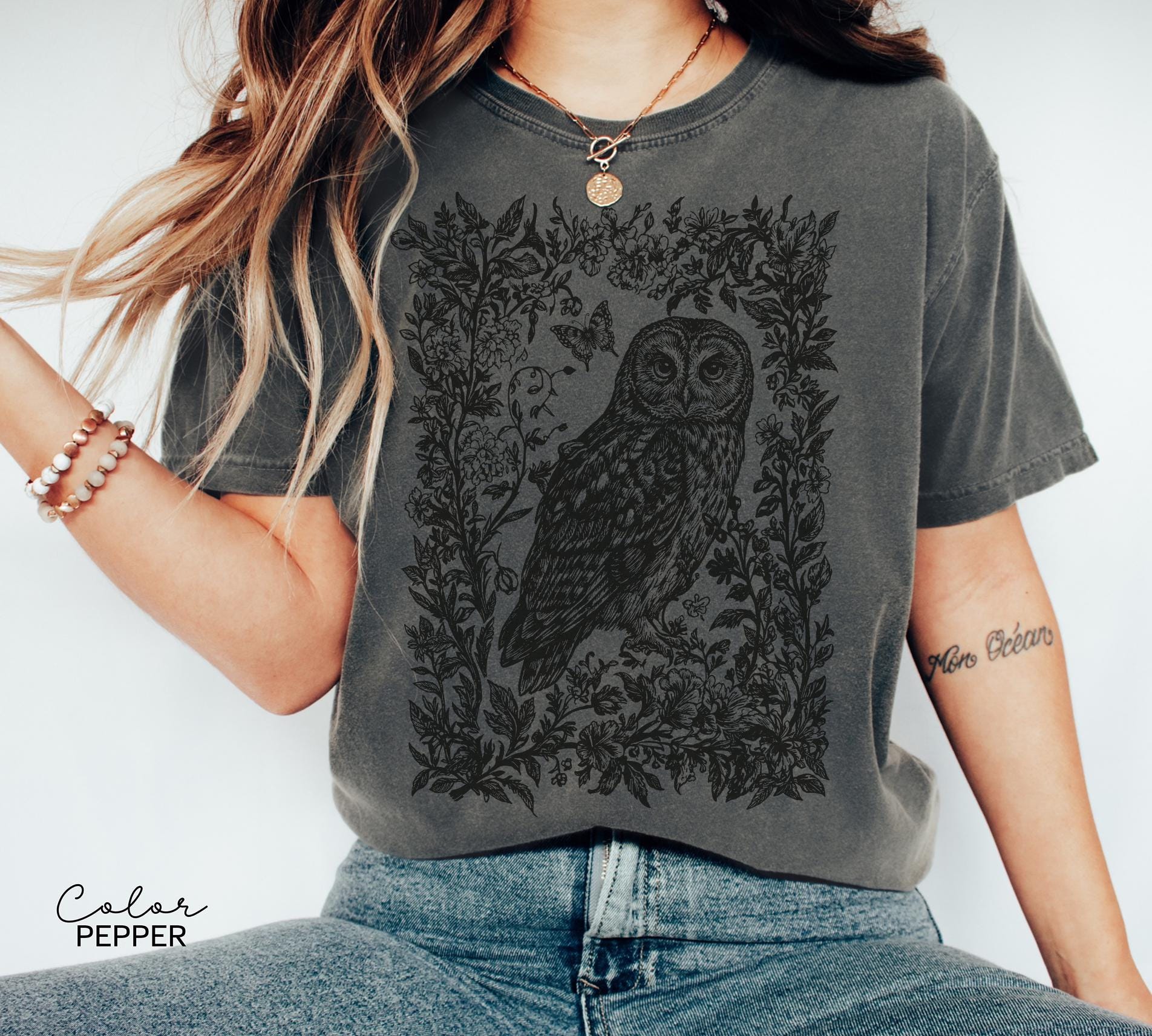 Cottagecore Owl Shirt, Cottagecore Floral Sweatshirt, Folk Art Forest Animal TShirt, Woodland Aesthetic Top, Comfort Colors Tee, Boho Tee