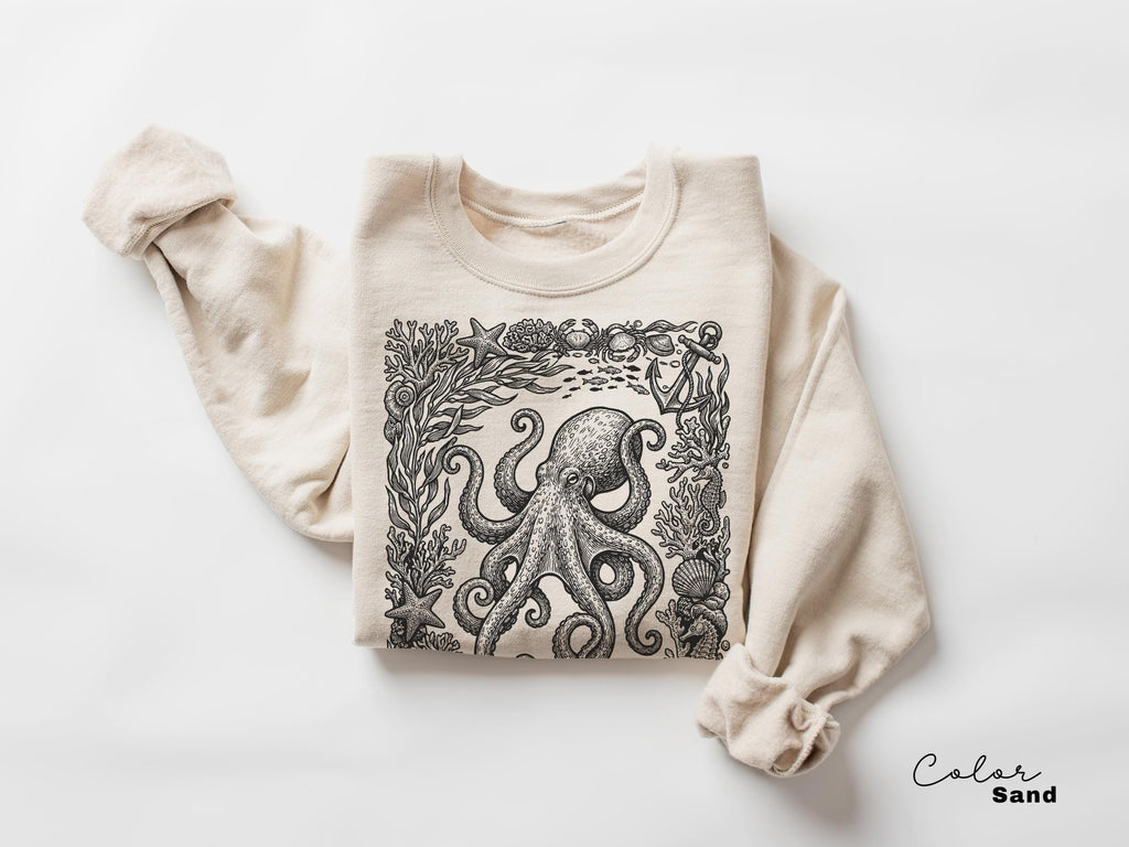 Octopus Nautical Vintage Retro Shirt, Cottagecore Sweatshirt, Ocean Animal TShirt, Beach Ocean Shirt, Comfort Colors Tee