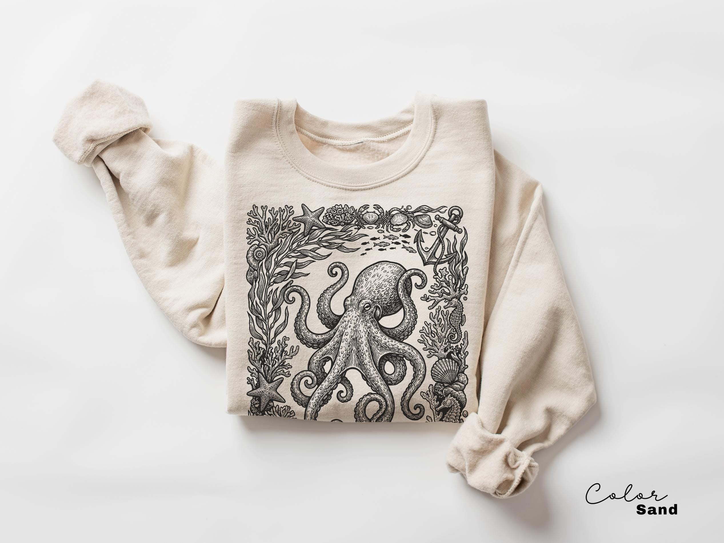 Octopus Nautical Vintage Retro Shirt, Cottagecore Sweatshirt, Ocean Animal TShirt, Beach Ocean Shirt, Comfort Colors Tee