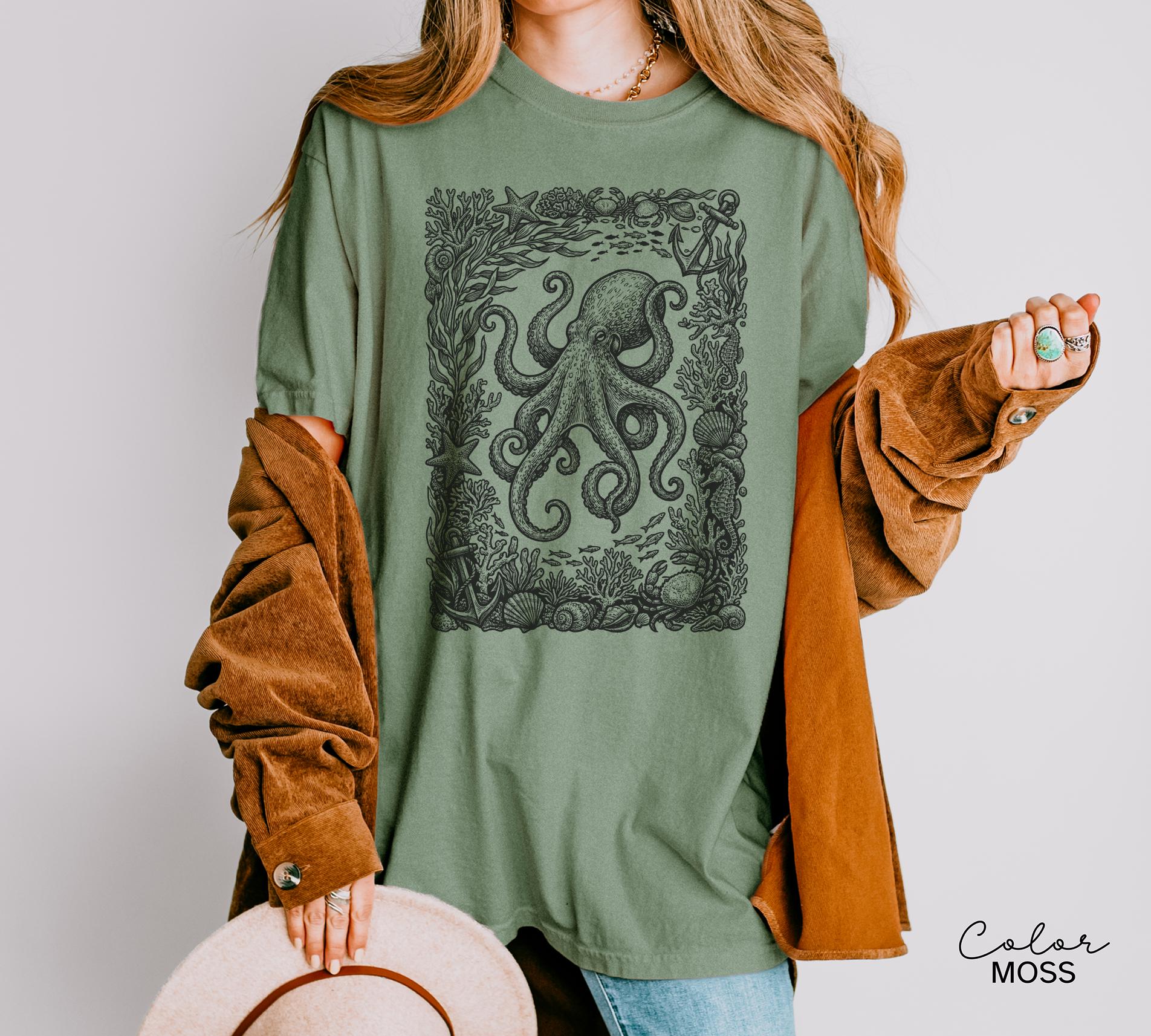 Octopus Nautical Vintage Retro Shirt, Cottagecore Sweatshirt, Ocean Animal TShirt, Beach Ocean Shirt, Comfort Colors Tee