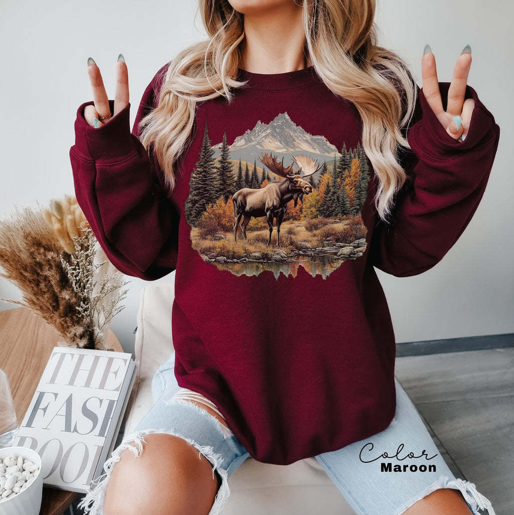 Moose Sweatshirt, Retro Nature Crewneck, 90s Forest Camping Shirt