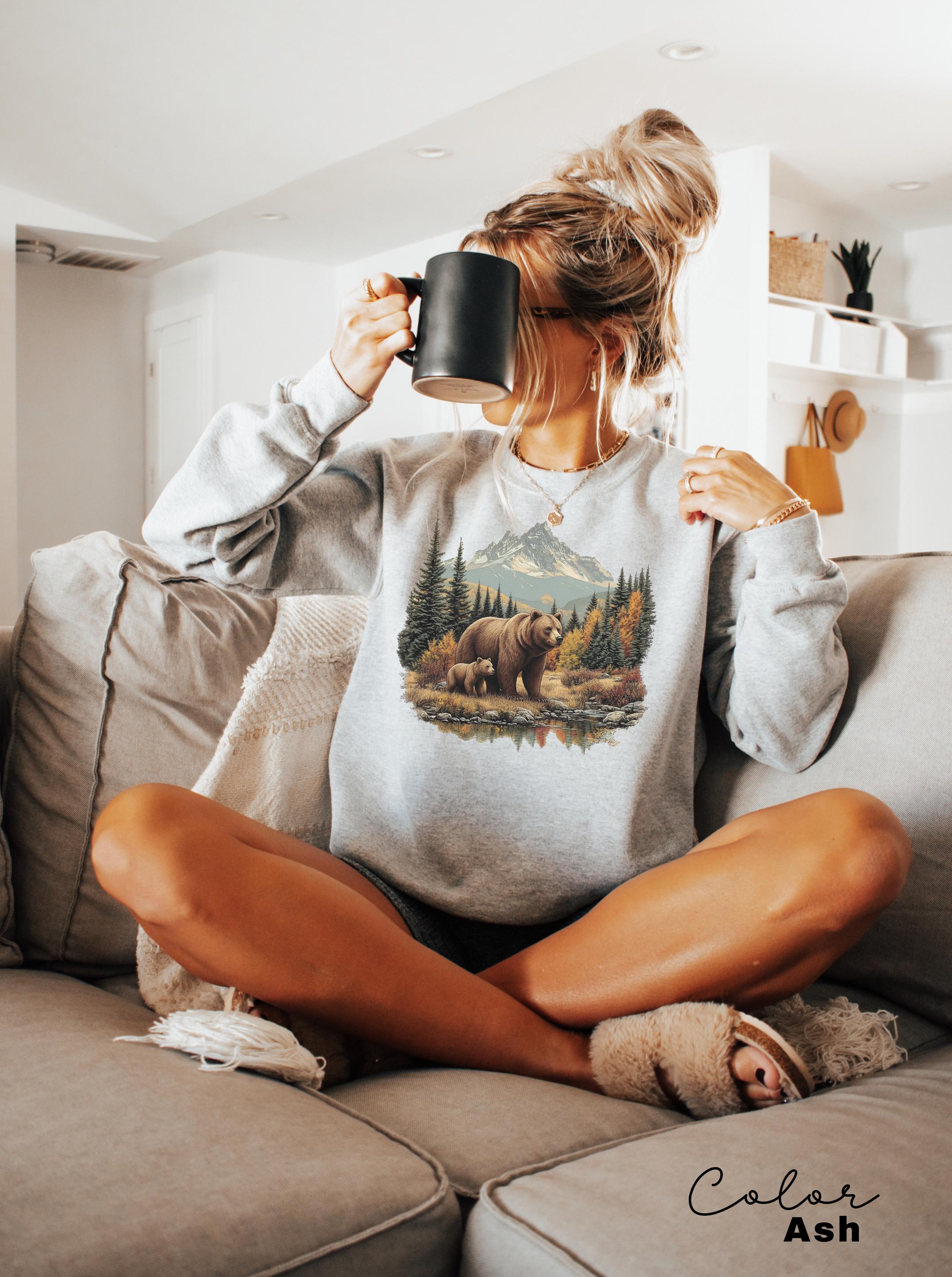 Retro Bear Sweatshirt, Vintage Fall Hunter Scene Shirt, 90s Forest Nature Outfit Crewneck, Americana Nostalgia Grizzly Bear, Nature Camping