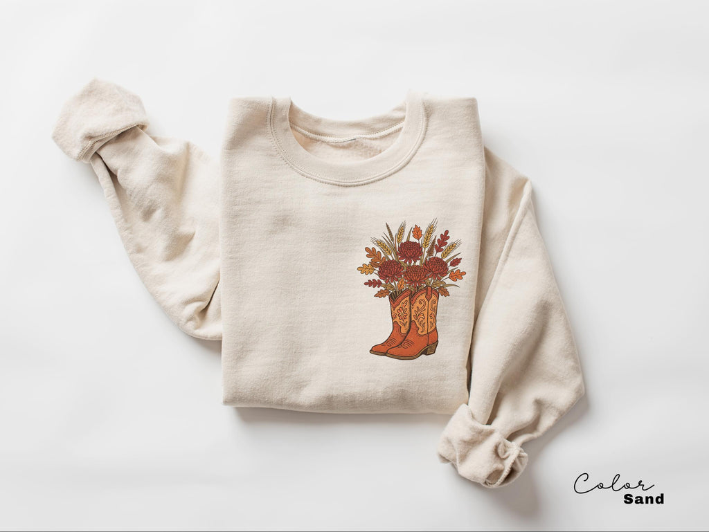 Cowgirl Boots Wildflowers Shirt, Retro Western Graphic Sweatshirt, Country Girl T-Shirt, Rodeo Outfit, Gift for Her, Country Farm