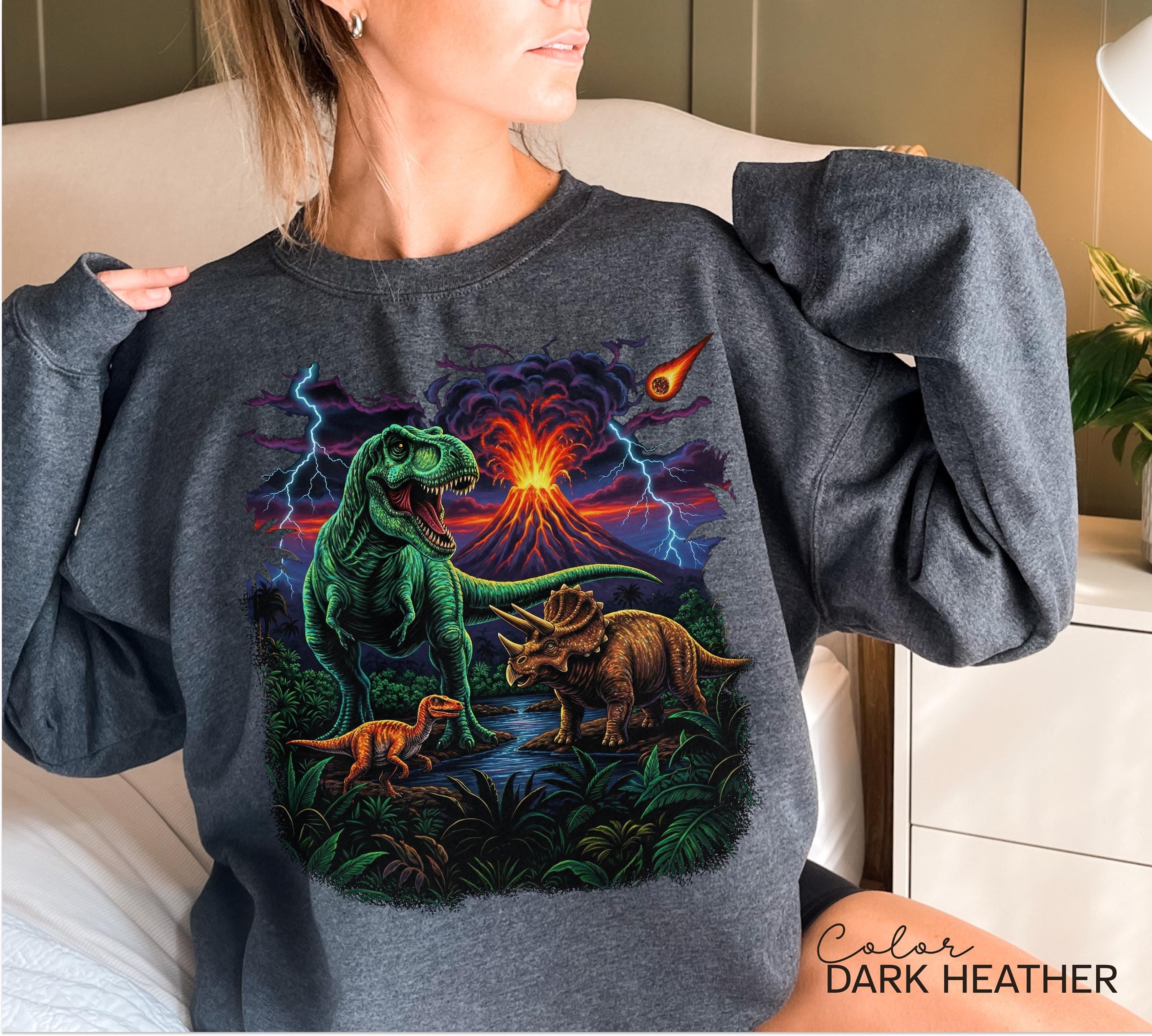 Retro Jurassic Dinosaur 90s T-Shirt & Sweatshirt with T-Rex and Triceratops Design