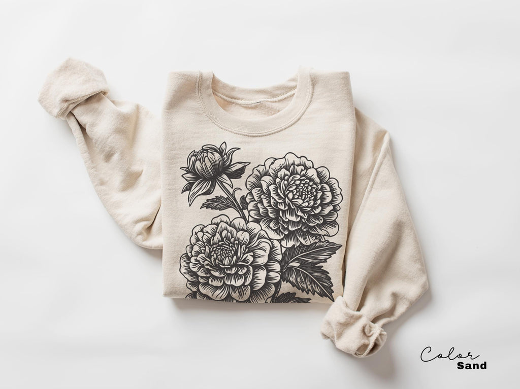 Vintage Linocut Flower Sweatshirt, Retro Floral Cottagecore Shirt