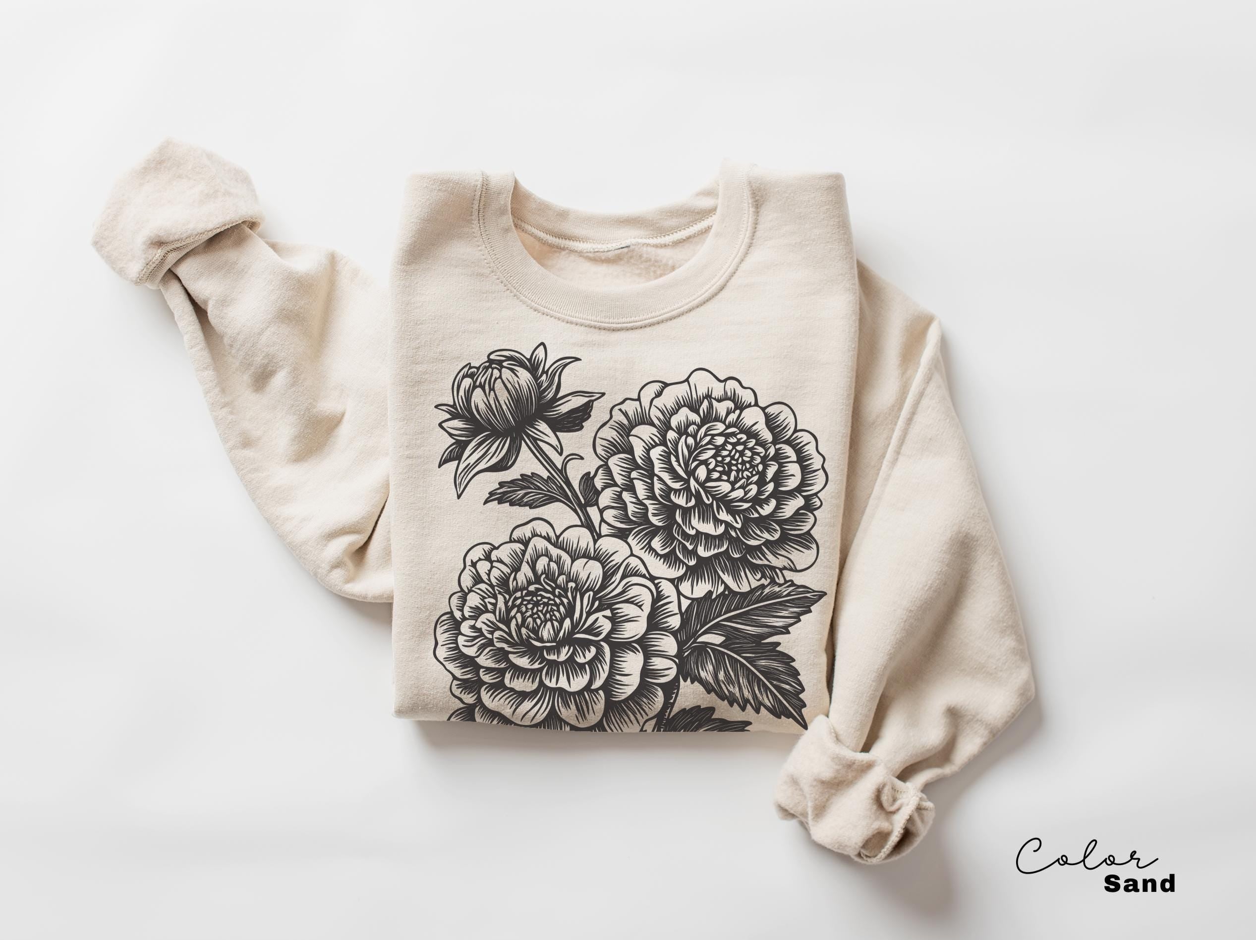 Vintage Linocut Flower Sweatshirt, Retro Floral Cottagecore Shirt