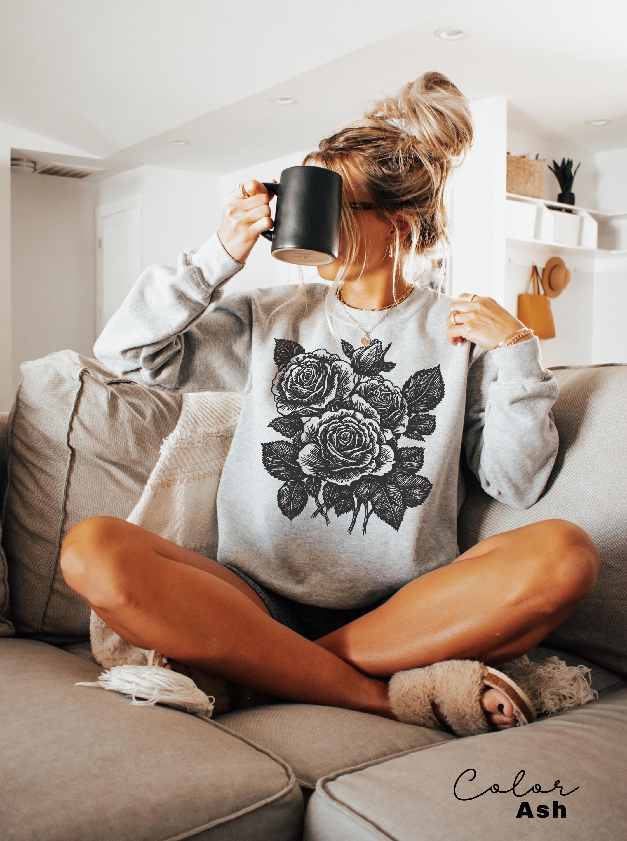Retro Linocut Flower Sweatshirt, Retro Floral T-shirt, Cottagecore Boho Botanical Shirt, Dark Academia Flower,