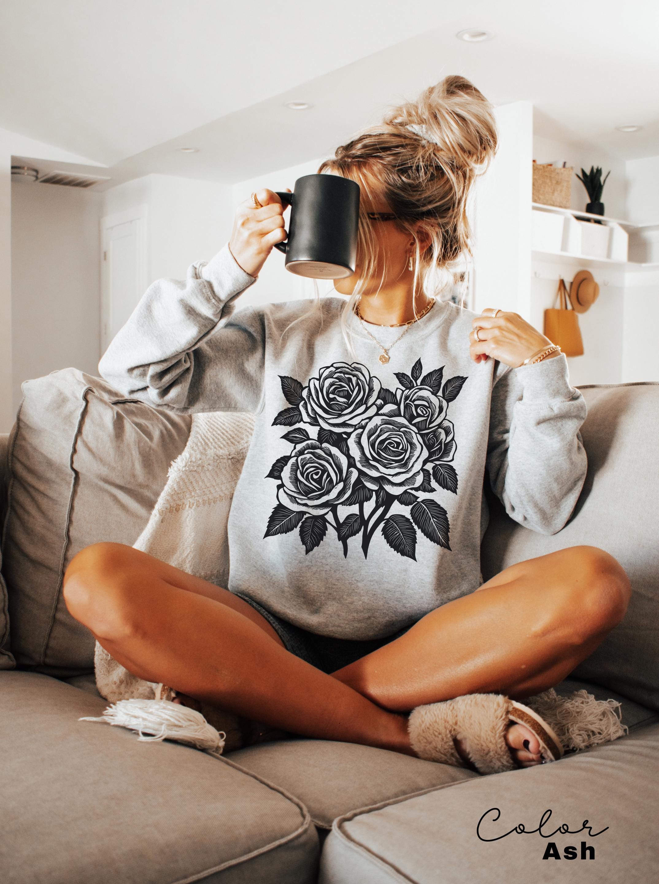 Vintage Retro Rose Sweatshirt, Linocut Floral T-shirt, Cottagecore Boho Botanical Shirt, Dark Academia Flower