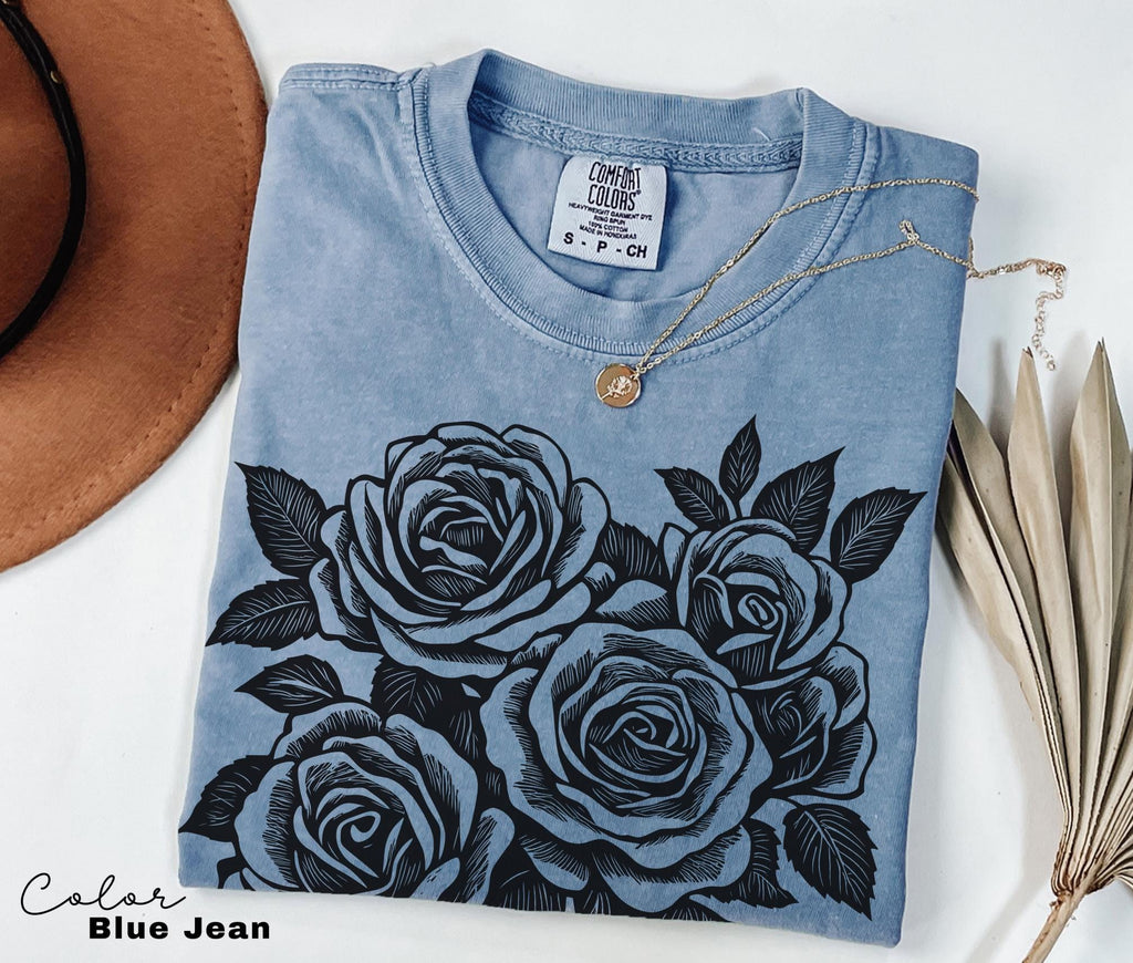 Vintage Retro Rose Sweatshirt, Linocut Floral T-shirt, Cottagecore Boho Botanical Shirt, Dark Academia Flower
