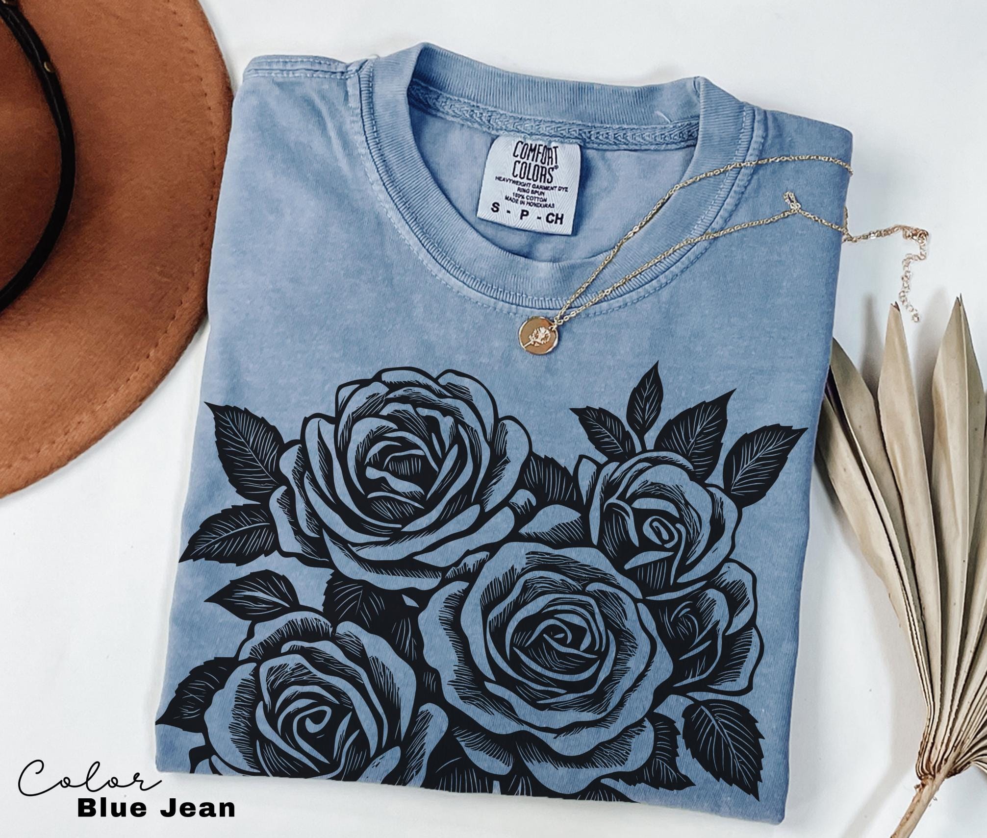 Vintage Retro Rose Sweatshirt, Linocut Floral T-shirt, Cottagecore Boho Botanical Shirt, Dark Academia Flower