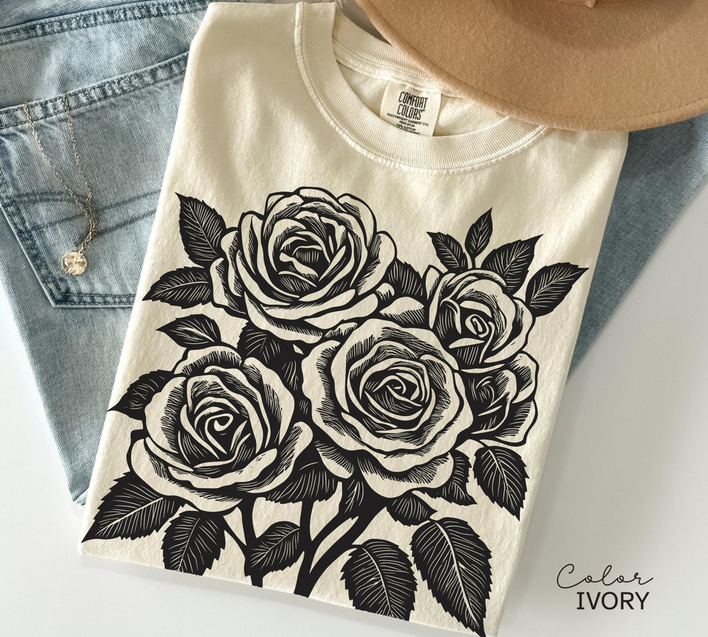 Vintage Retro Rose Sweatshirt, Linocut Floral T-shirt, Cottagecore Boho Botanical Shirt, Dark Academia Flower