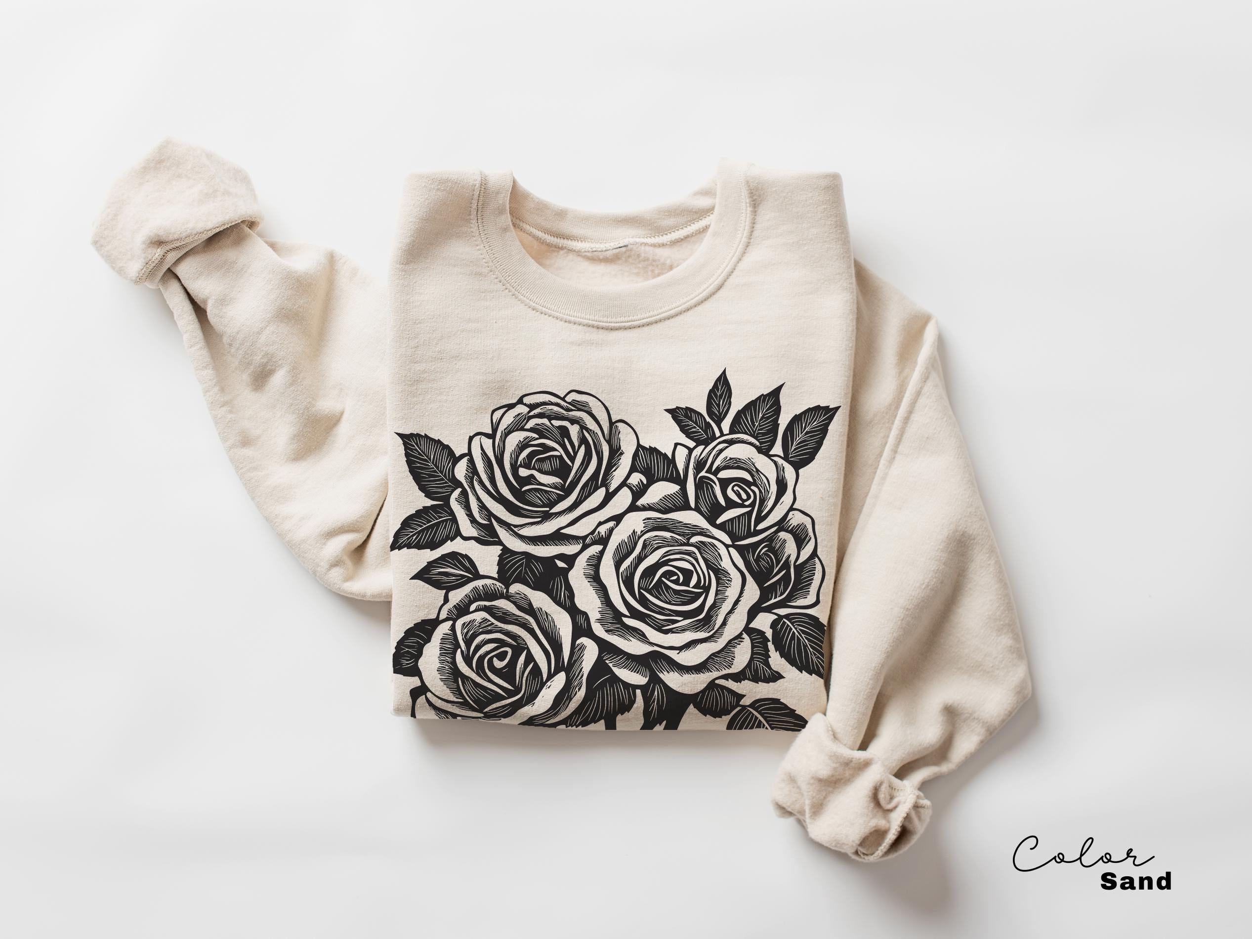 Vintage Retro Rose Sweatshirt, Linocut Floral Cottagecore Shirt