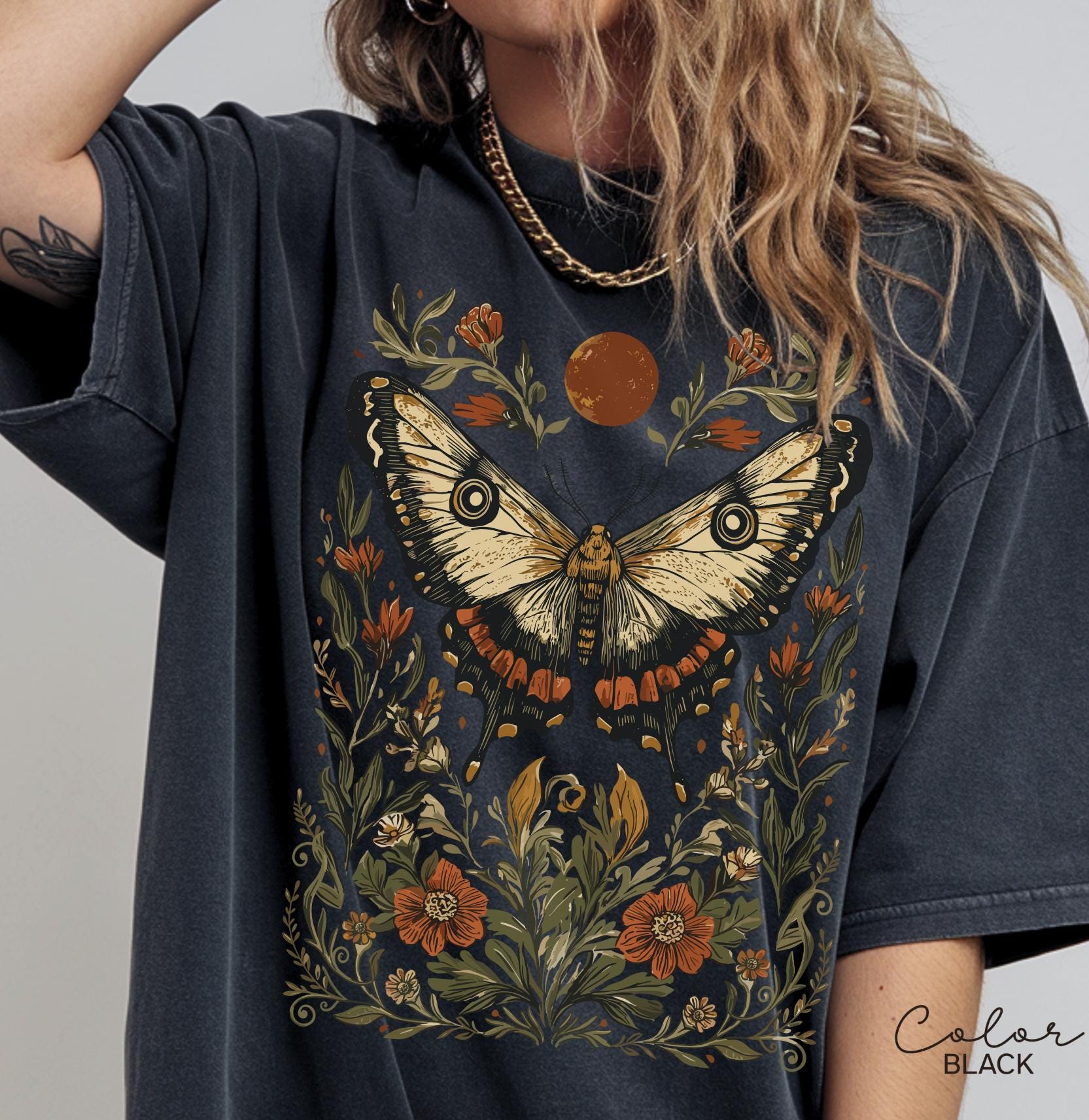 Luna Moth Shirt Sweatshirt, Dark Cottagecore, Gothic Dark Academia, Nature Lover Sweatshirt, Forestcore, Floral Crewneck