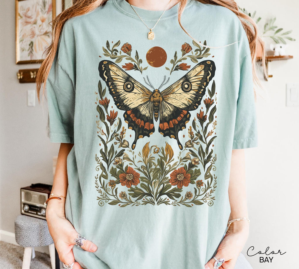 Luna Moth Sweatshirt, Dark Cottagecore Floral Crewneck