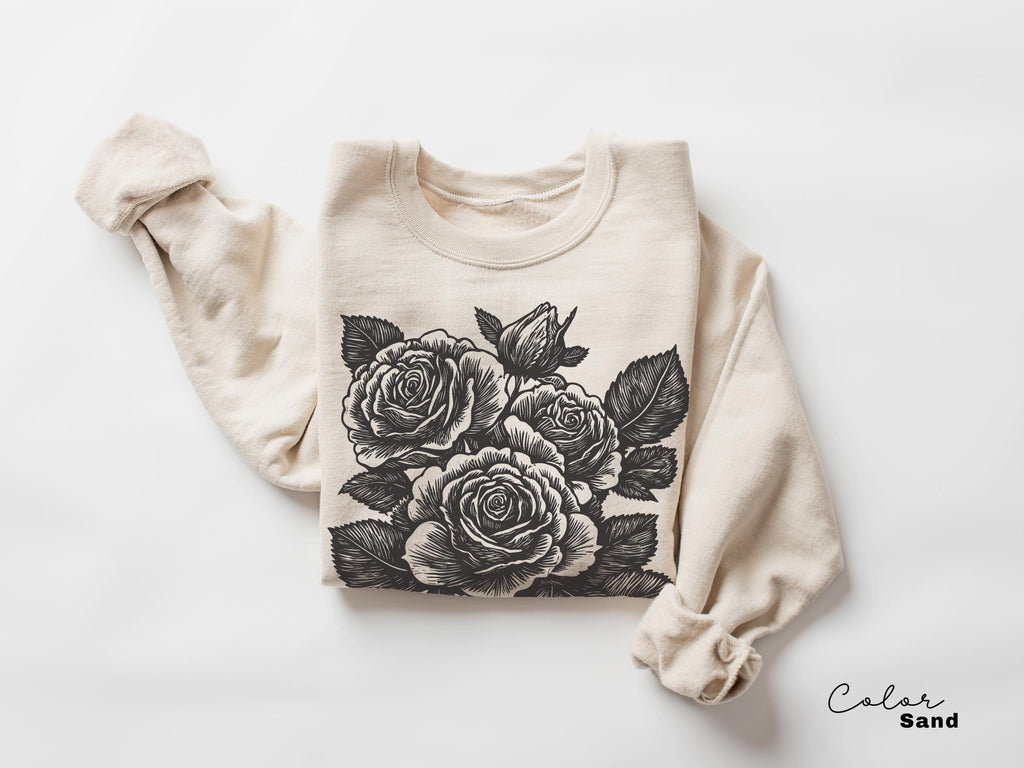 Retro Linocut Flower Sweatshirt, Retro Floral T-shirt, Cottagecore Boho Botanical Shirt, Dark Academia Flower,