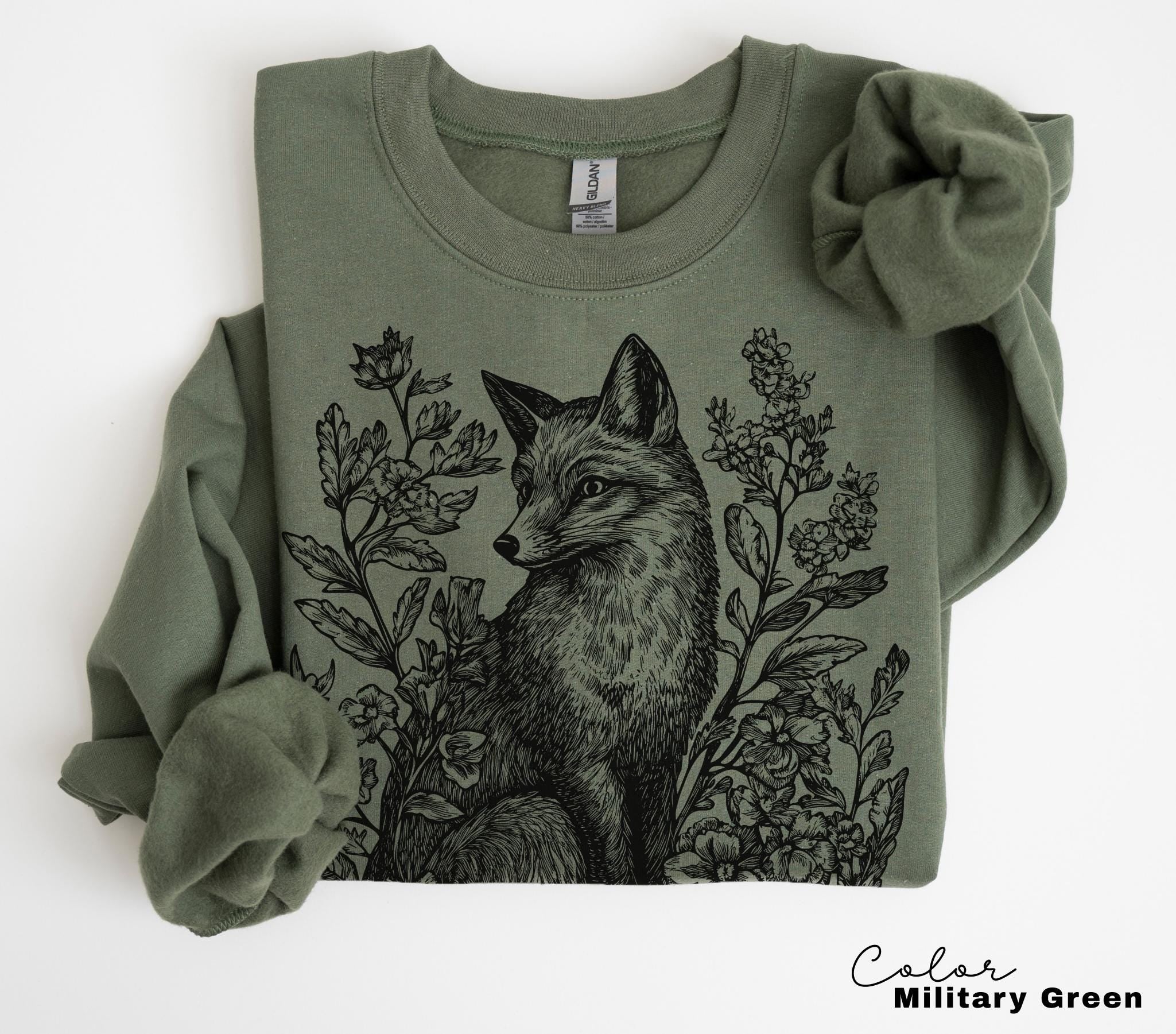 Cottagecore Fox Shirt, Retro Linocut Floral t-shirt, Folk Art Forest Animal Sweatshirt, Woodland Aesthetic Top, Comfort Colors Tee, Boho
