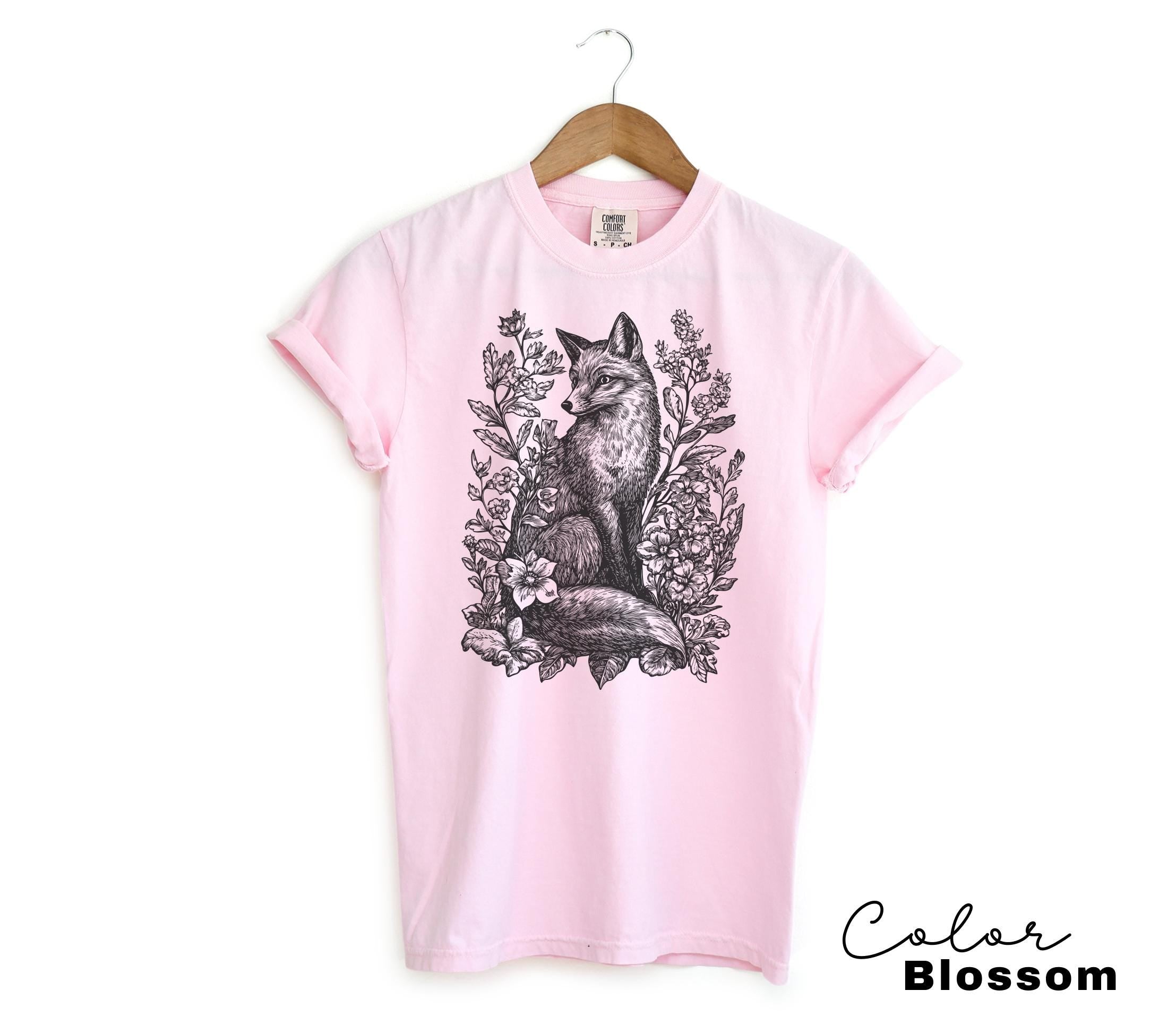 Cottagecore Fox Shirt, Retro Linocut Floral T-Shirt, Comfort Colors Tee