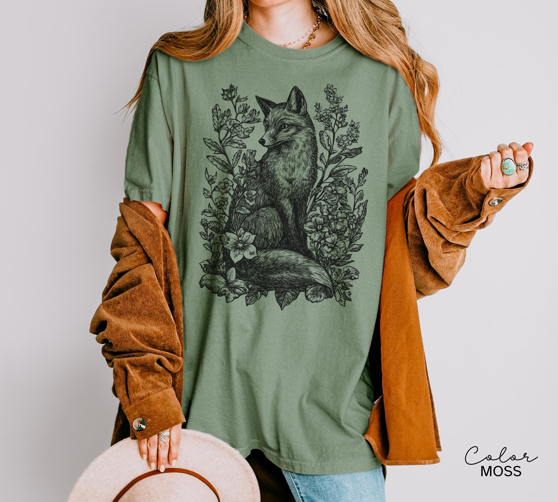 Cottagecore Fox Shirt, Retro Linocut Floral t-shirt, Folk Art Forest Animal Sweatshirt, Woodland Aesthetic Top, Comfort Colors Tee, Boho