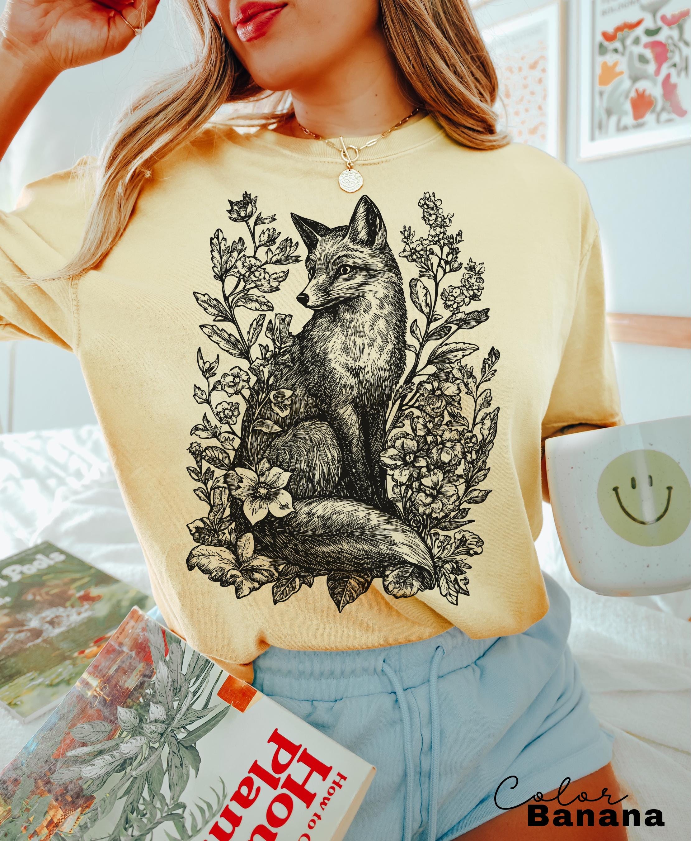 Cottagecore Fox Shirt, Retro Linocut Floral t-shirt, Folk Art Forest Animal Sweatshirt, Woodland Aesthetic Top, Comfort Colors Tee, Boho