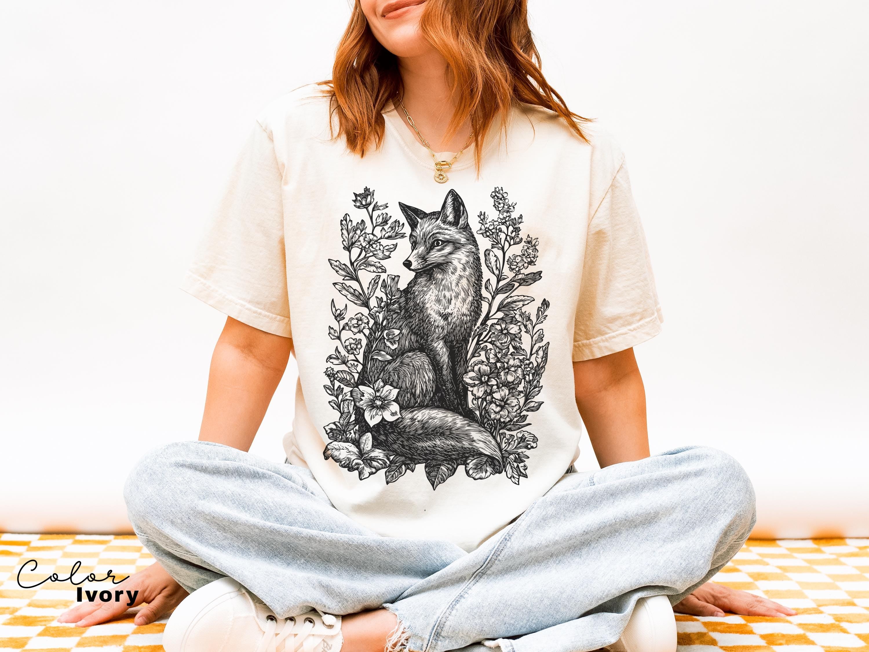 Cottagecore Fox Shirt, Retro Linocut Floral t-shirt, Folk Art Forest Animal Sweatshirt, Woodland Aesthetic Top, Comfort Colors Tee, Boho