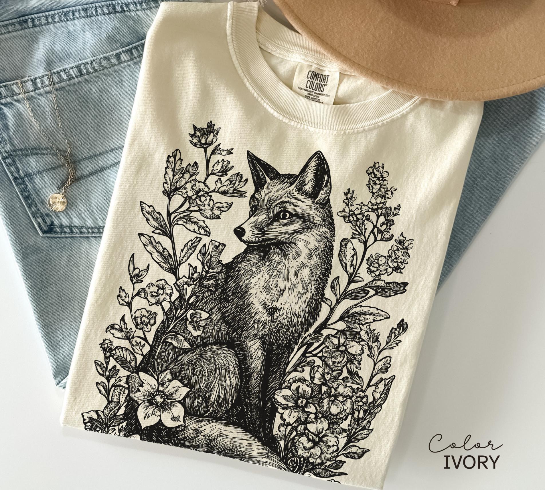 Cottagecore Fox Shirt, Retro Linocut Floral t-shirt, Folk Art Forest Animal Sweatshirt, Woodland Aesthetic Top, Comfort Colors Tee, Boho