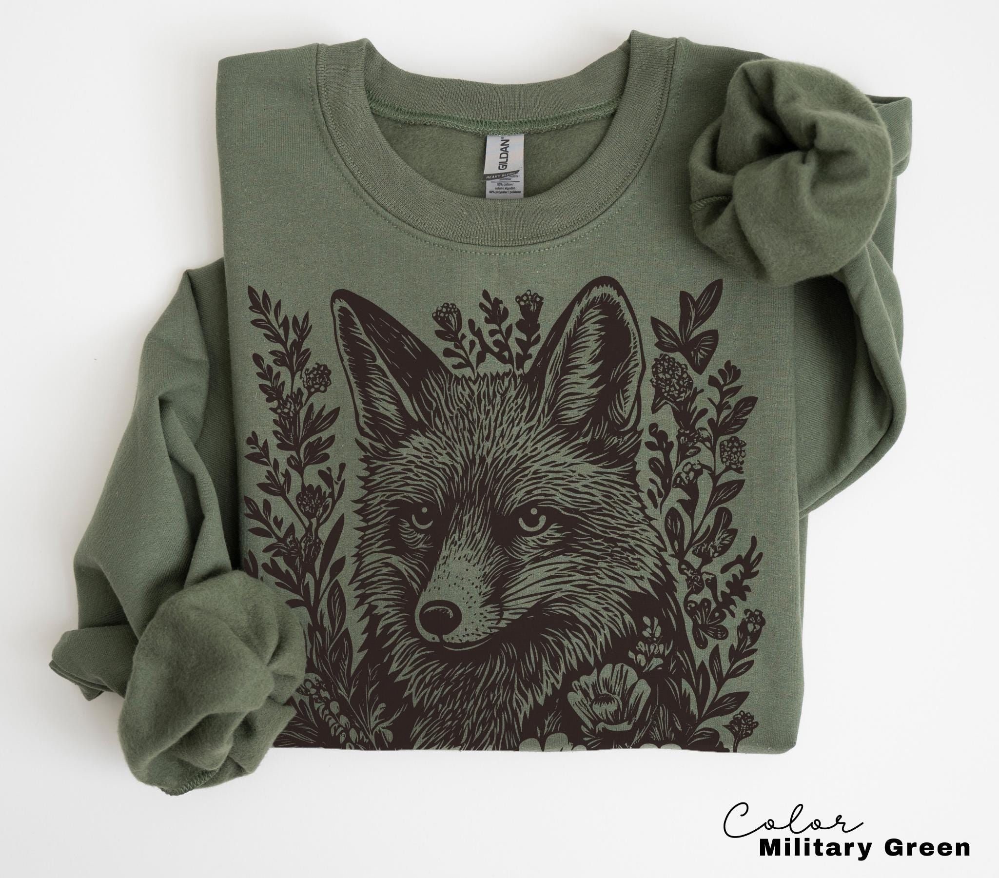 Cottagecore Fox Shirt, Retro Linocut Floral Sweatshirt, Folk Art Forest Animal Sweatshirt, Woodland Aesthetic Top, Comfort Colors Tee, Boho