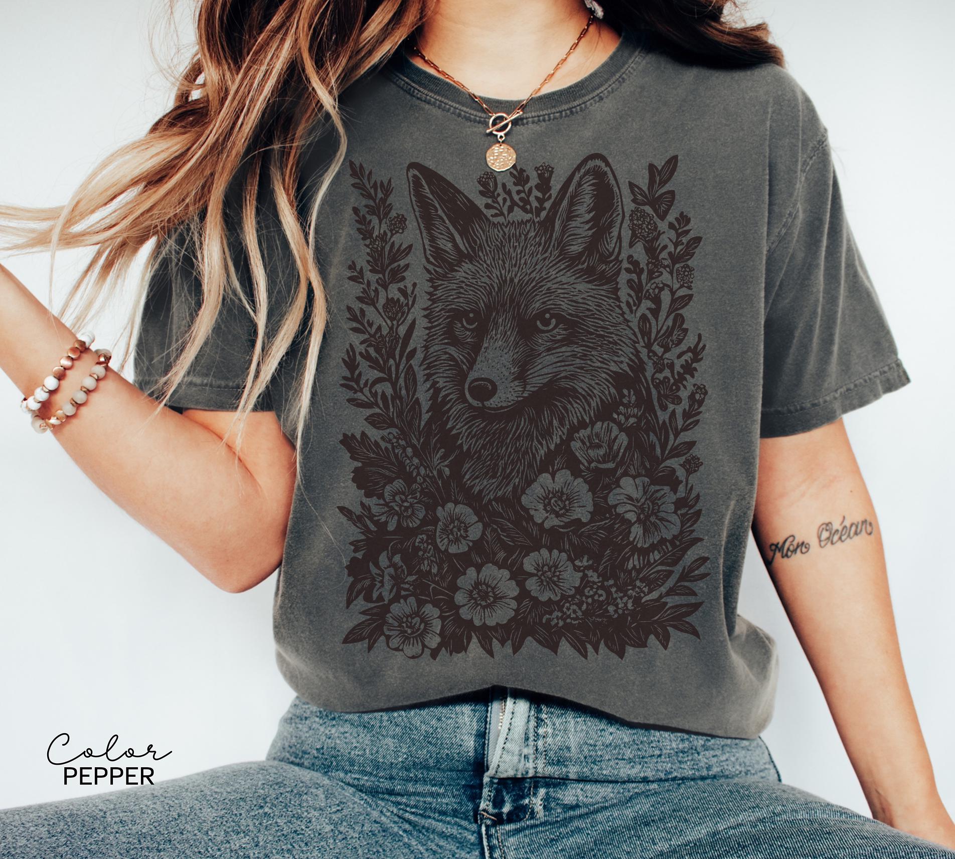 Cottagecore Fox Shirt, Retro Linocut Floral Sweatshirt, Folk Art Forest Animal Sweatshirt, Woodland Aesthetic Top, Comfort Colors Tee, Boho