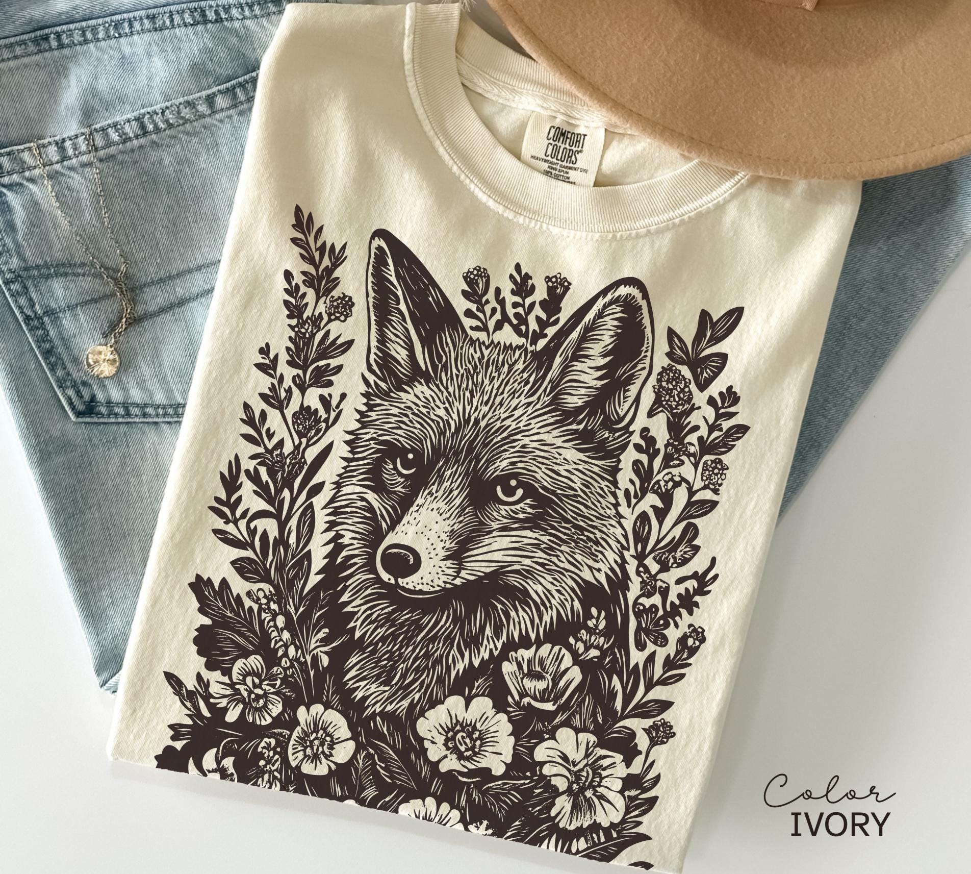 Cottagecore Fox Shirt, Retro Linocut Floral Sweatshirt, Folk Art Forest Animal Sweatshirt, Woodland Aesthetic Top, Comfort Colors Tee, Boho
