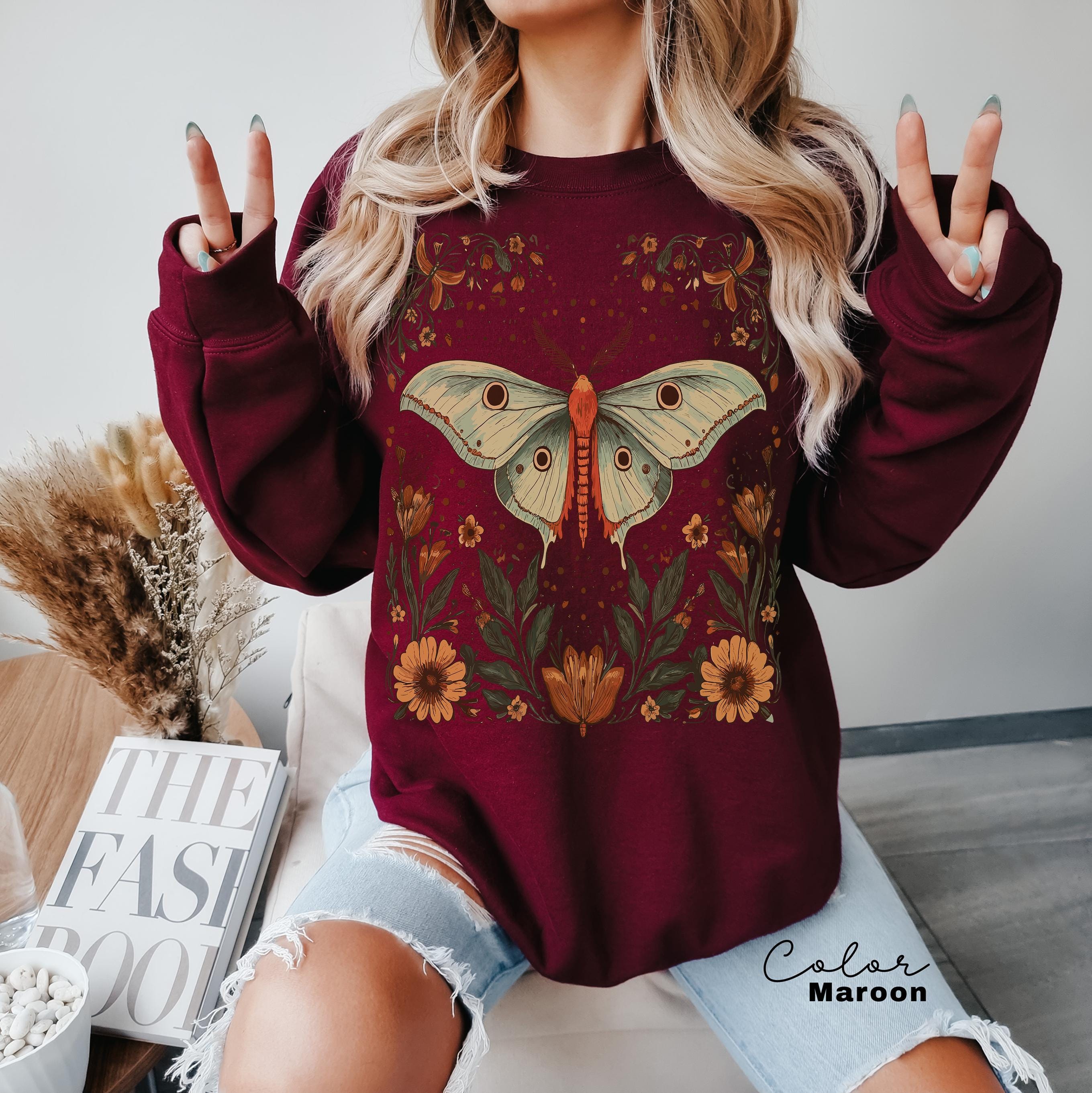 Luna Moth Shirt Sweatshirt, Cottagecore Floral Shirt, Moth Butterfly, Nature Lover Sweatshirt, Forestcore, Floral BoHo