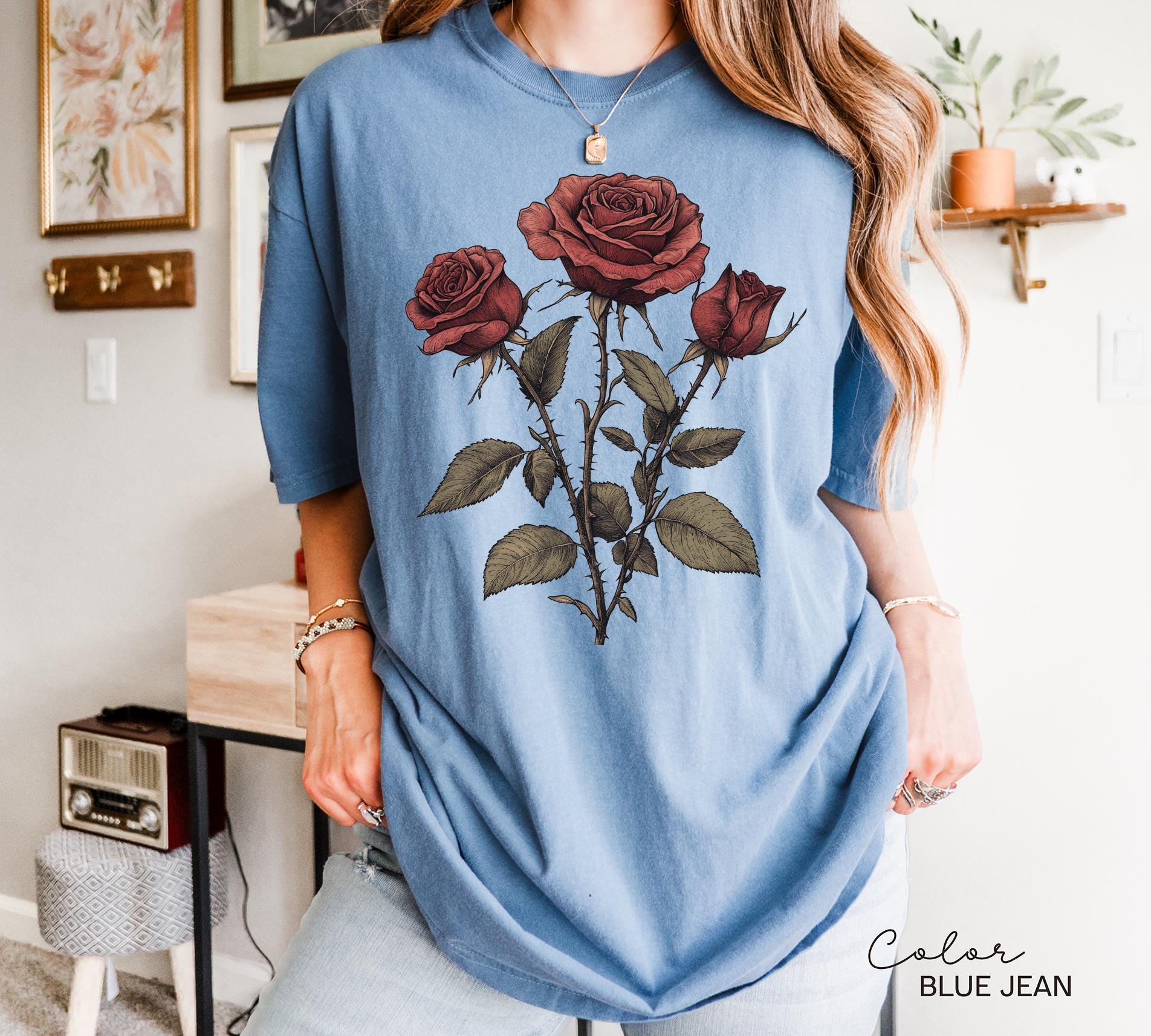 Rose Flower Sweatshirt, Vintage Pressed Rose Botanical Tee