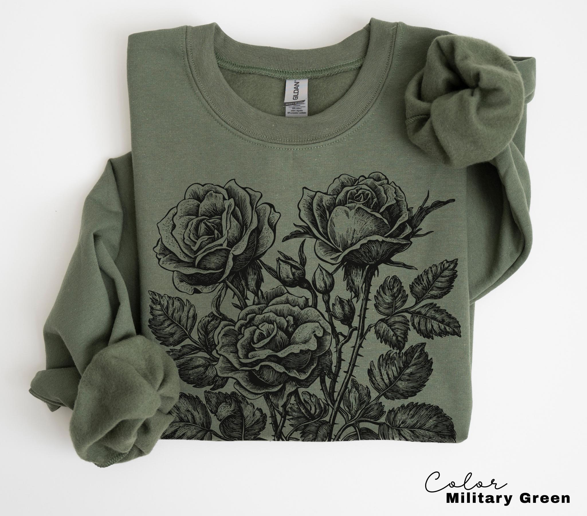 Retro Rose Sweatshirt, Linocut Floral T-shirt, Cottagecore Boho Botanical Shirt, Dark Academia Flower