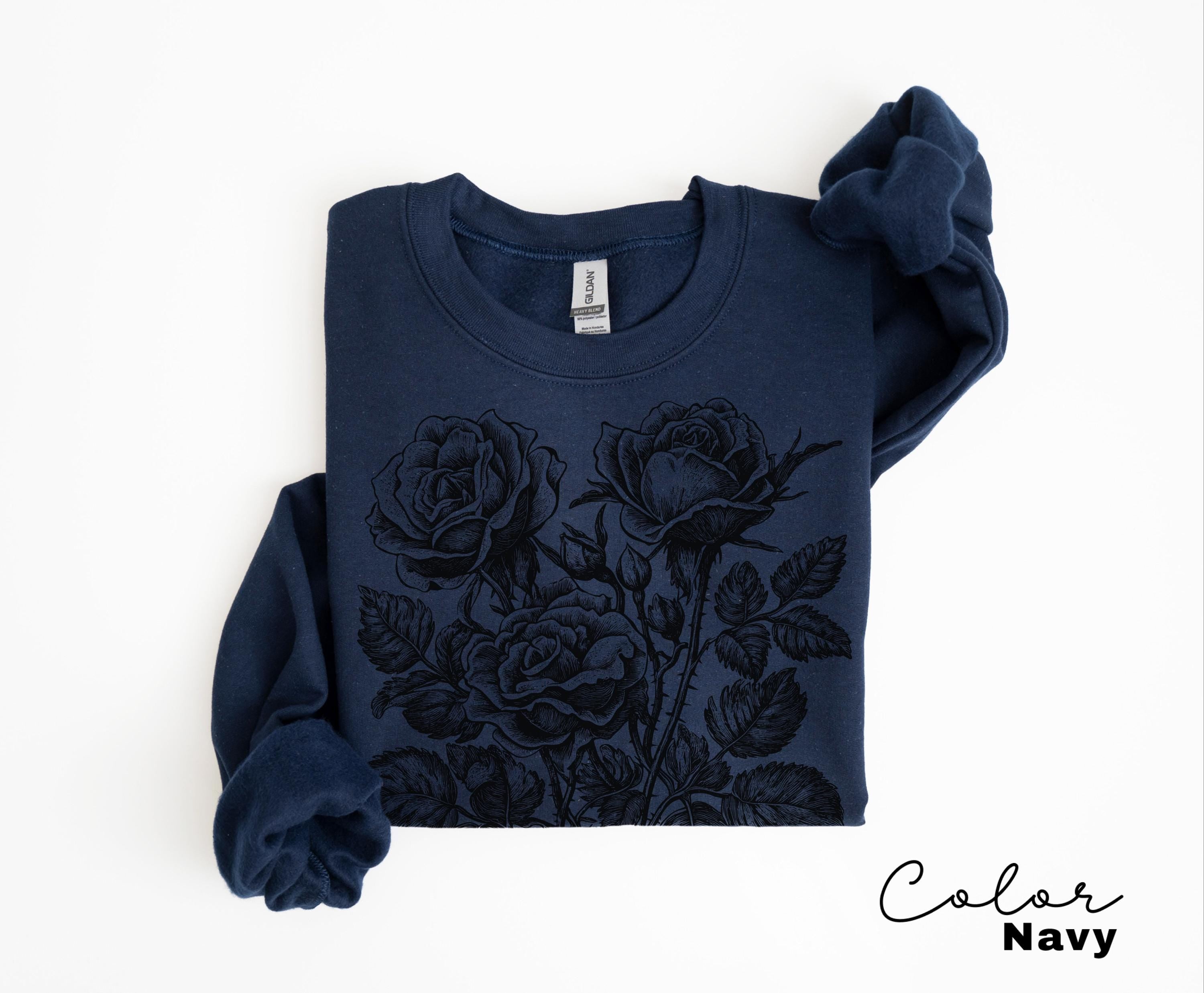 Retro Rose Sweatshirt, Linocut Floral T-shirt, Cottagecore Boho Botanical Shirt, Dark Academia Flower