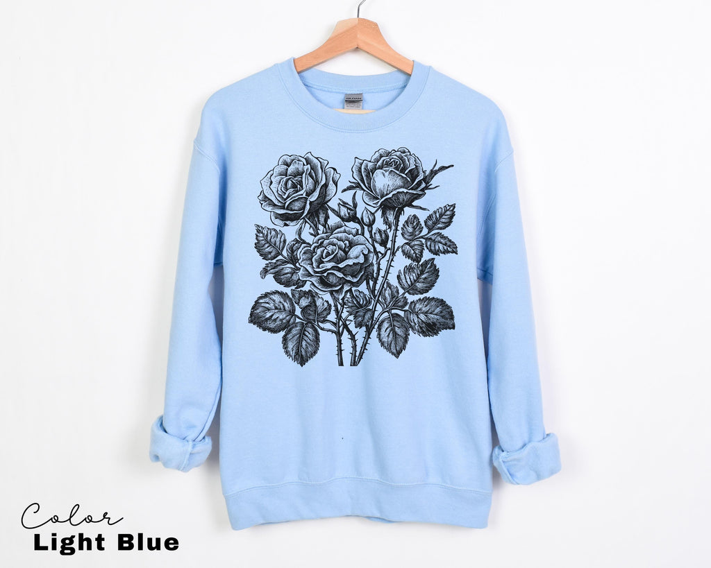 Retro Rose Sweatshirt, Linocut Floral T-shirt, Cottagecore Boho Botanical Shirt, Dark Academia Flower