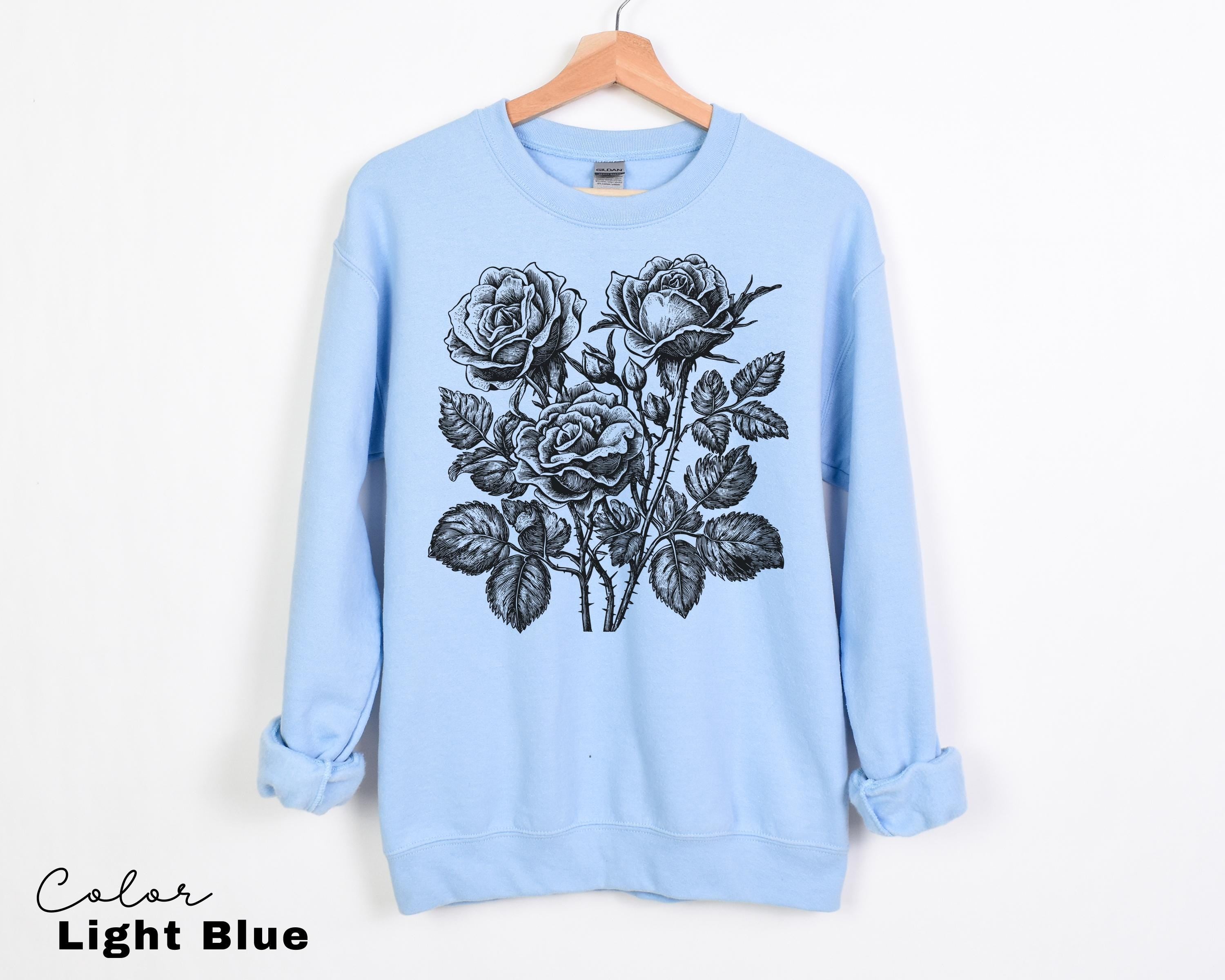 Retro Rose Sweatshirt, Linocut Floral T-shirt, Cottagecore Boho Botanical Shirt, Dark Academia Flower
