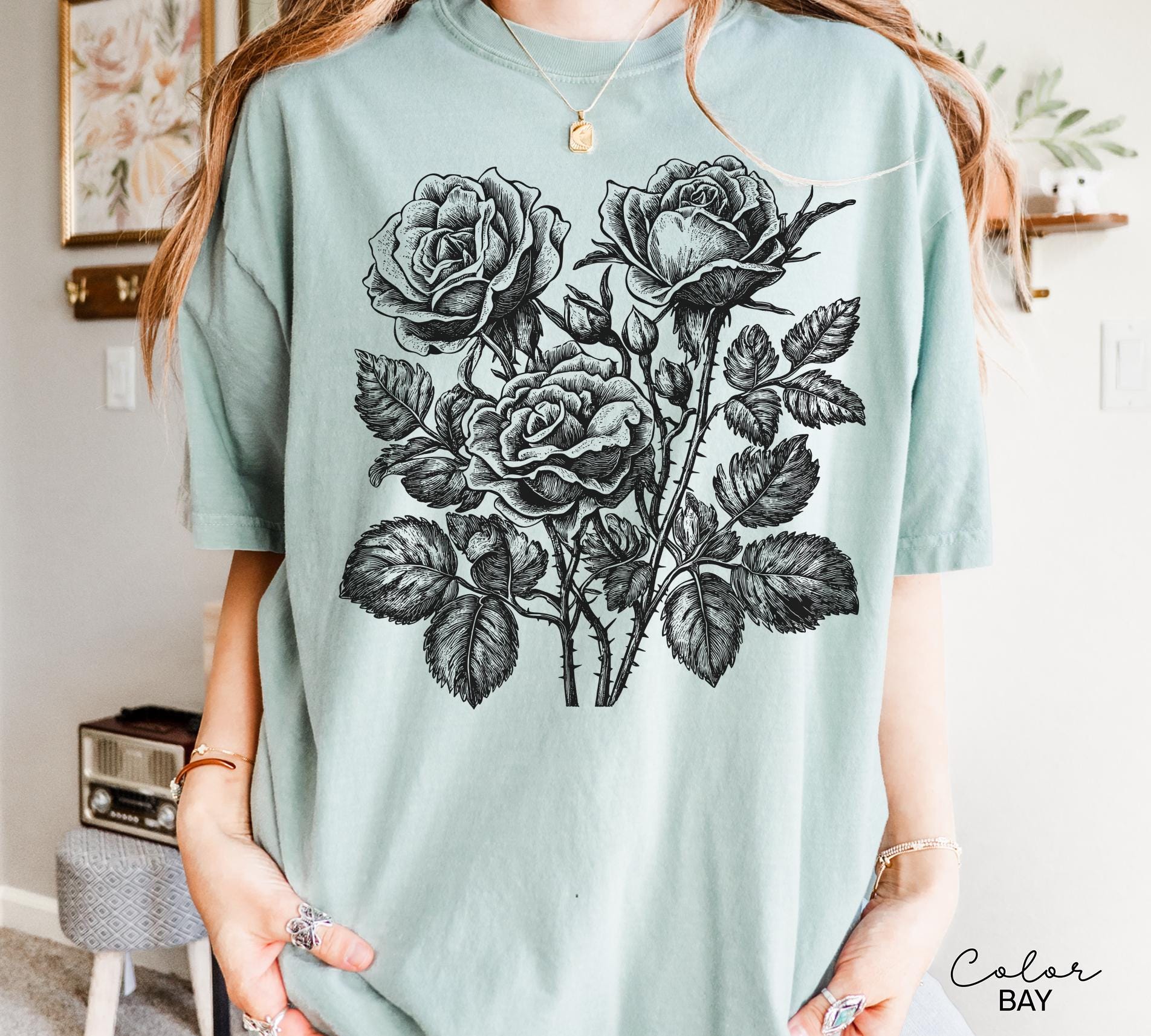 Retro Rose Sweatshirt, Linocut Floral T-shirt, Cottagecore Boho Botanical Shirt, Dark Academia Flower