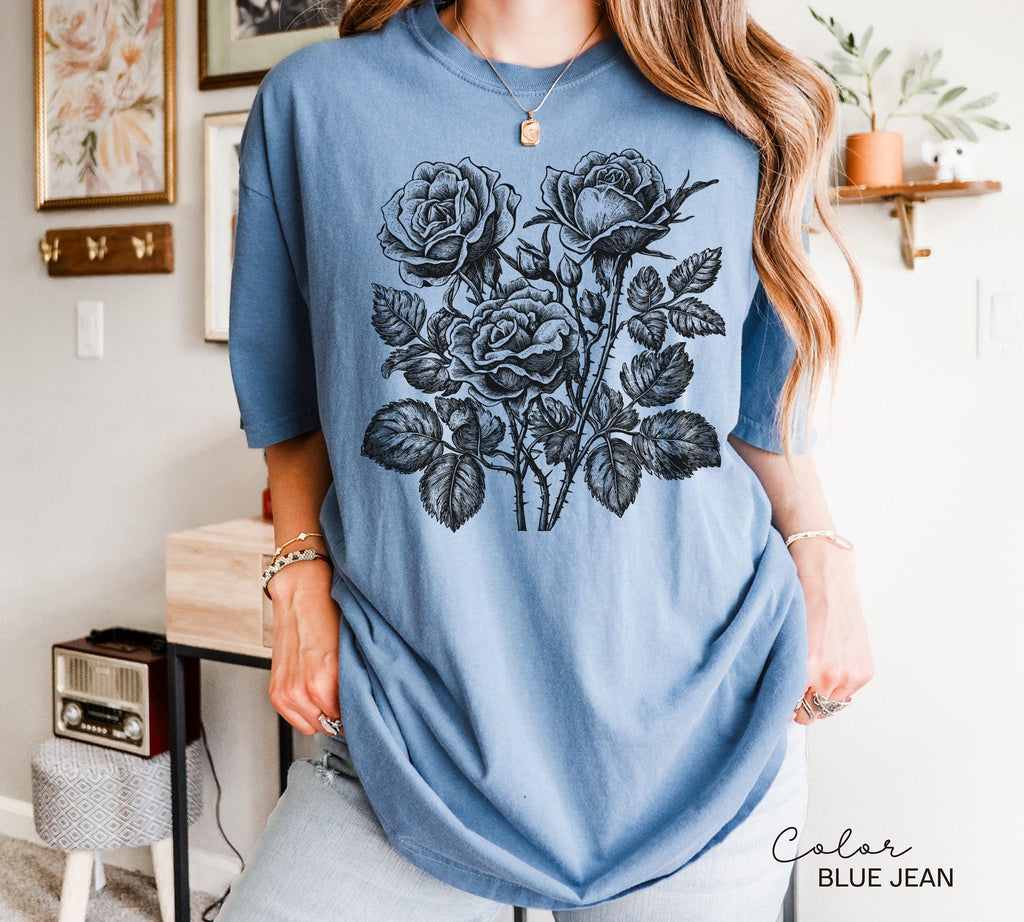 Retro Rose Sweatshirt, Linocut Floral Design, Cottagecore Boho Shirt