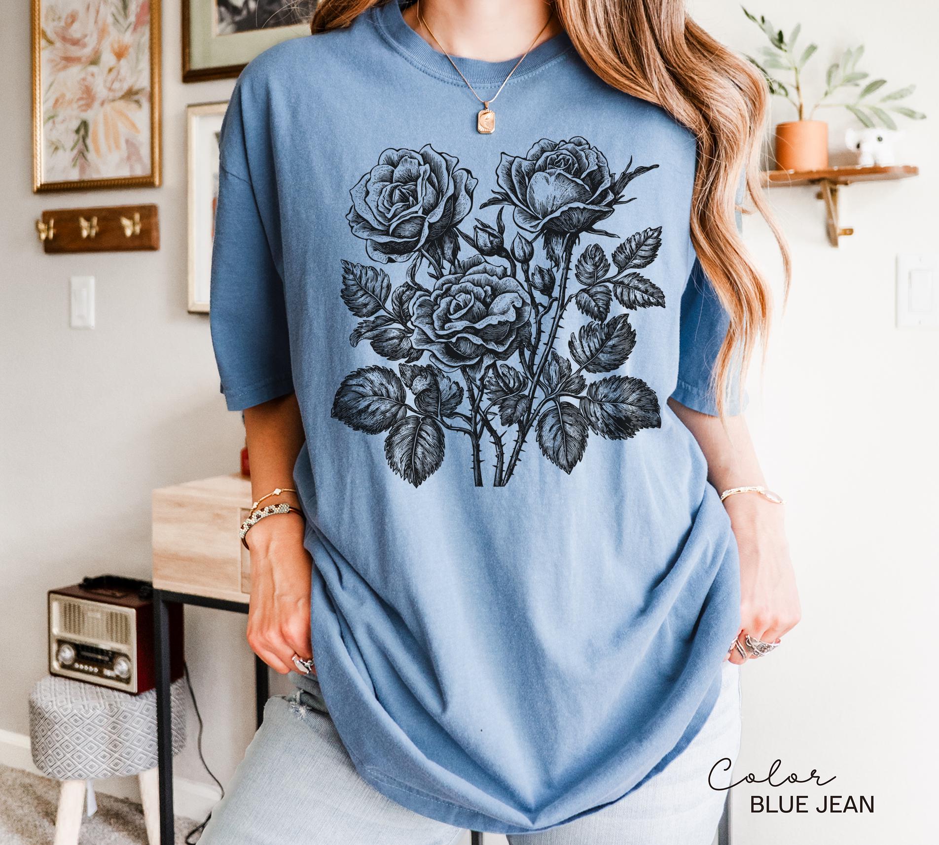 Retro Rose Sweatshirt, Linocut Floral Design, Cottagecore Boho Shirt