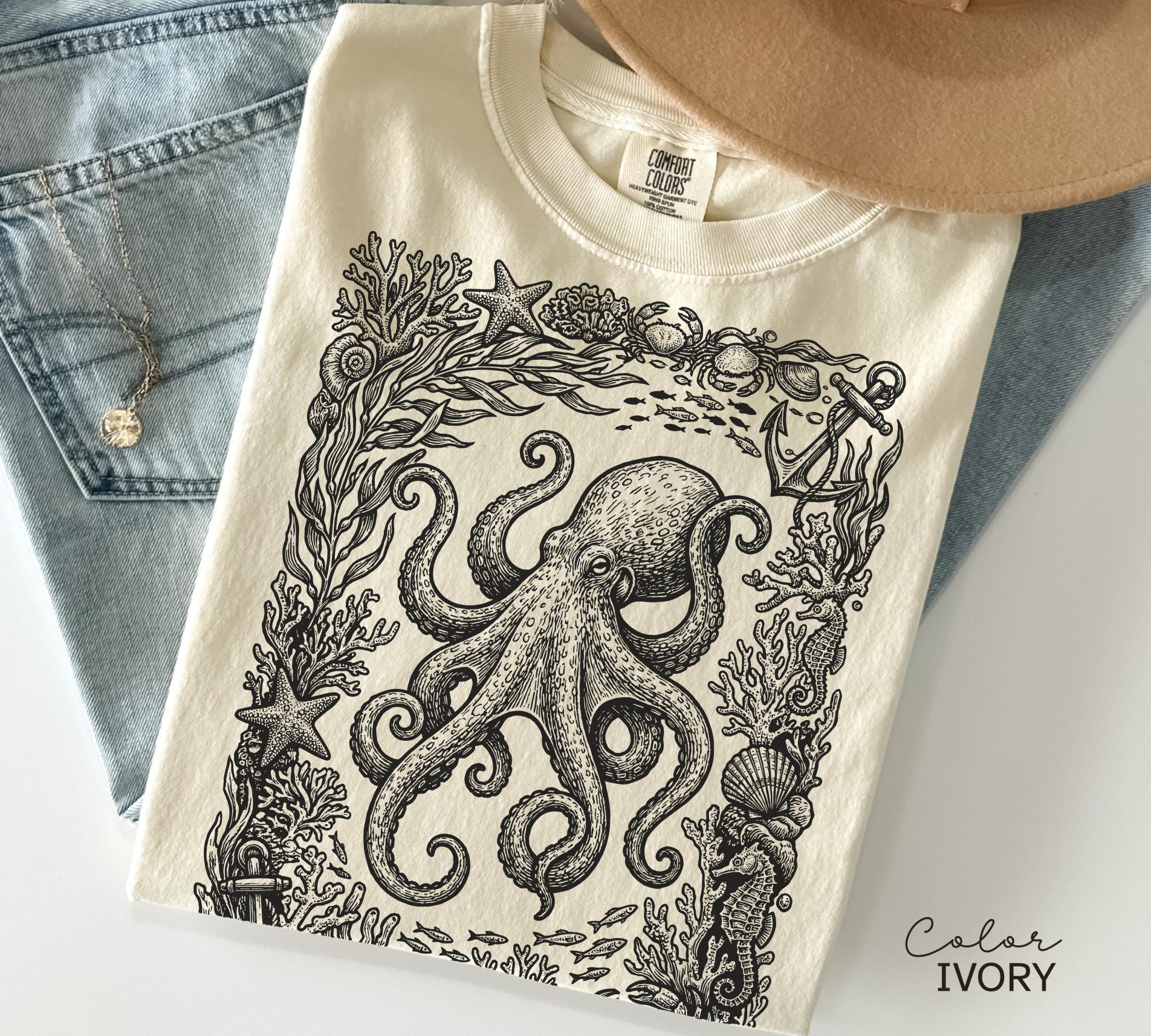 Octopus Nautical Vintage Retro Shirt, Cottagecore Sweatshirt, Ocean Animal TShirt, Beach Ocean Shirt, Comfort Colors Tee